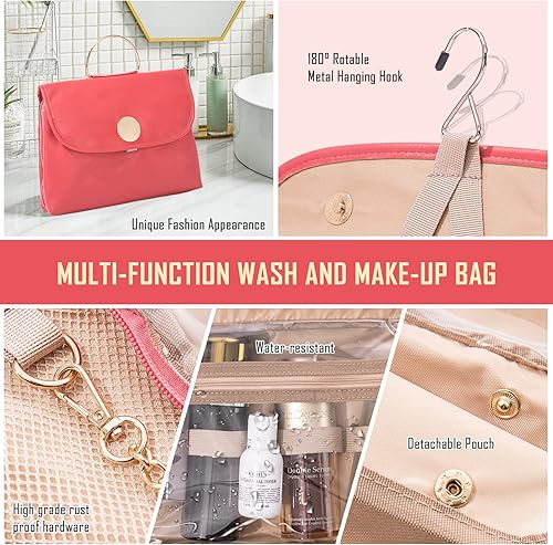 Miniatura 9 de Neceser de viaje con gancho colgante para mujeres que viajan Bolsa de maquillaje resistente al agua para artículos de tocador, Rojo -, Neceser de