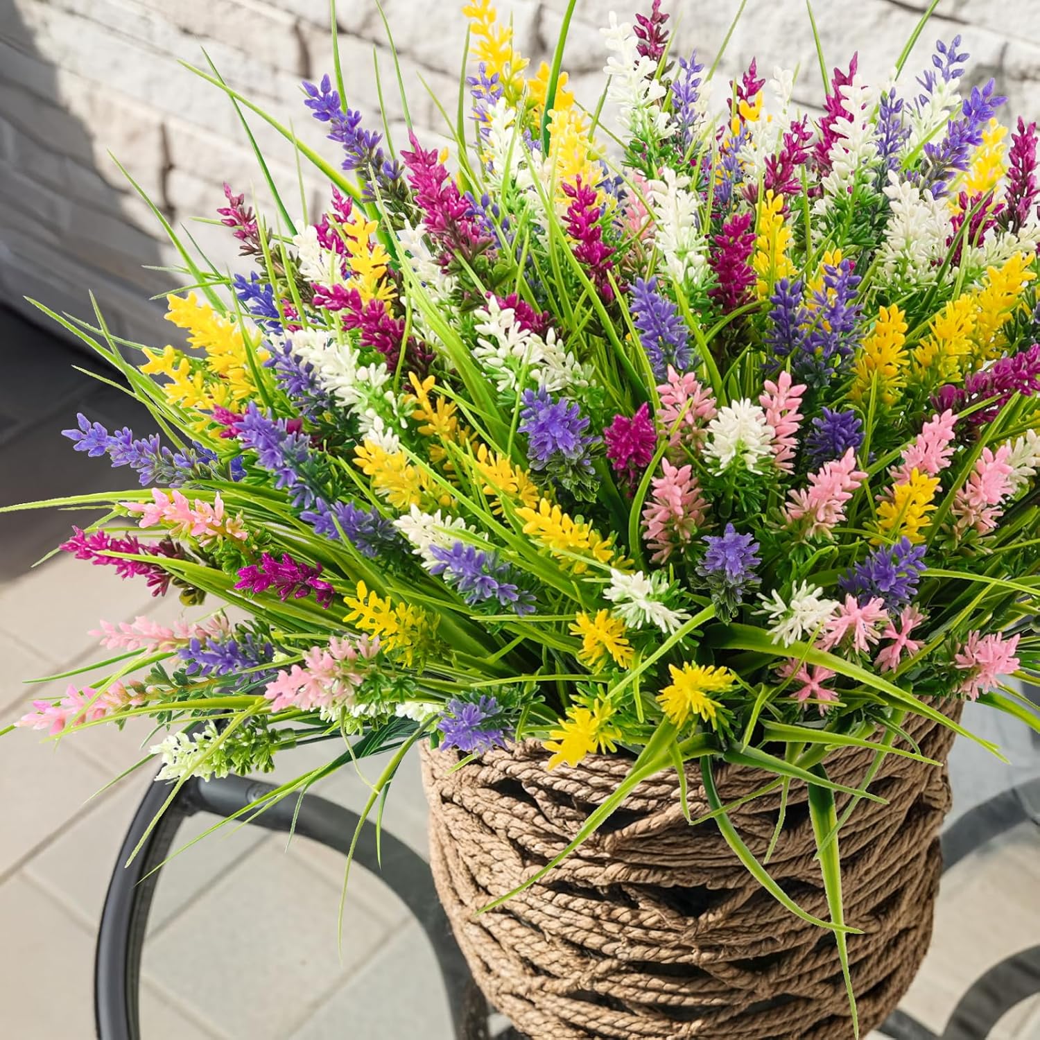 N&T NIETING 20 Bundles Artificial Plants Outdoor Fake Monkey Grass with Flowers for Pot Garden Verandah Decor for Window Garden Office Patio Hanging Planter Pathway Front Porch (Mix Color)