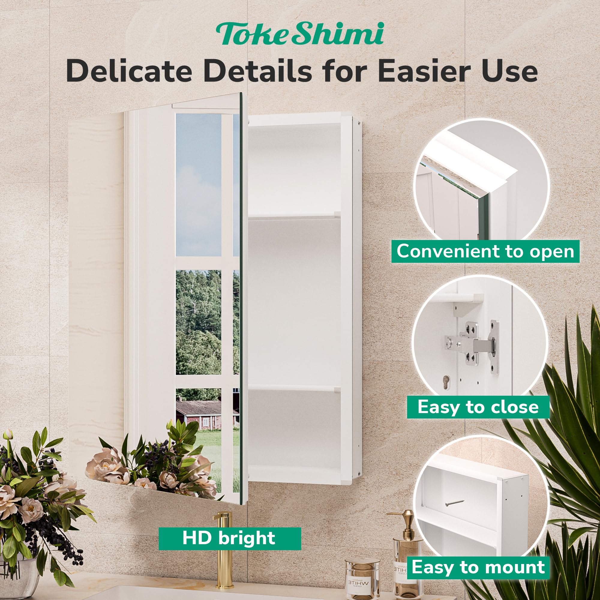 TokeShimi Botiquín de 24 x 32 pulgadas con espejo empotrado o montaje en pared, botiquín de baño de aluminio templado blanco con espejo con almacenamiento ajustable continuo de metal para casa de