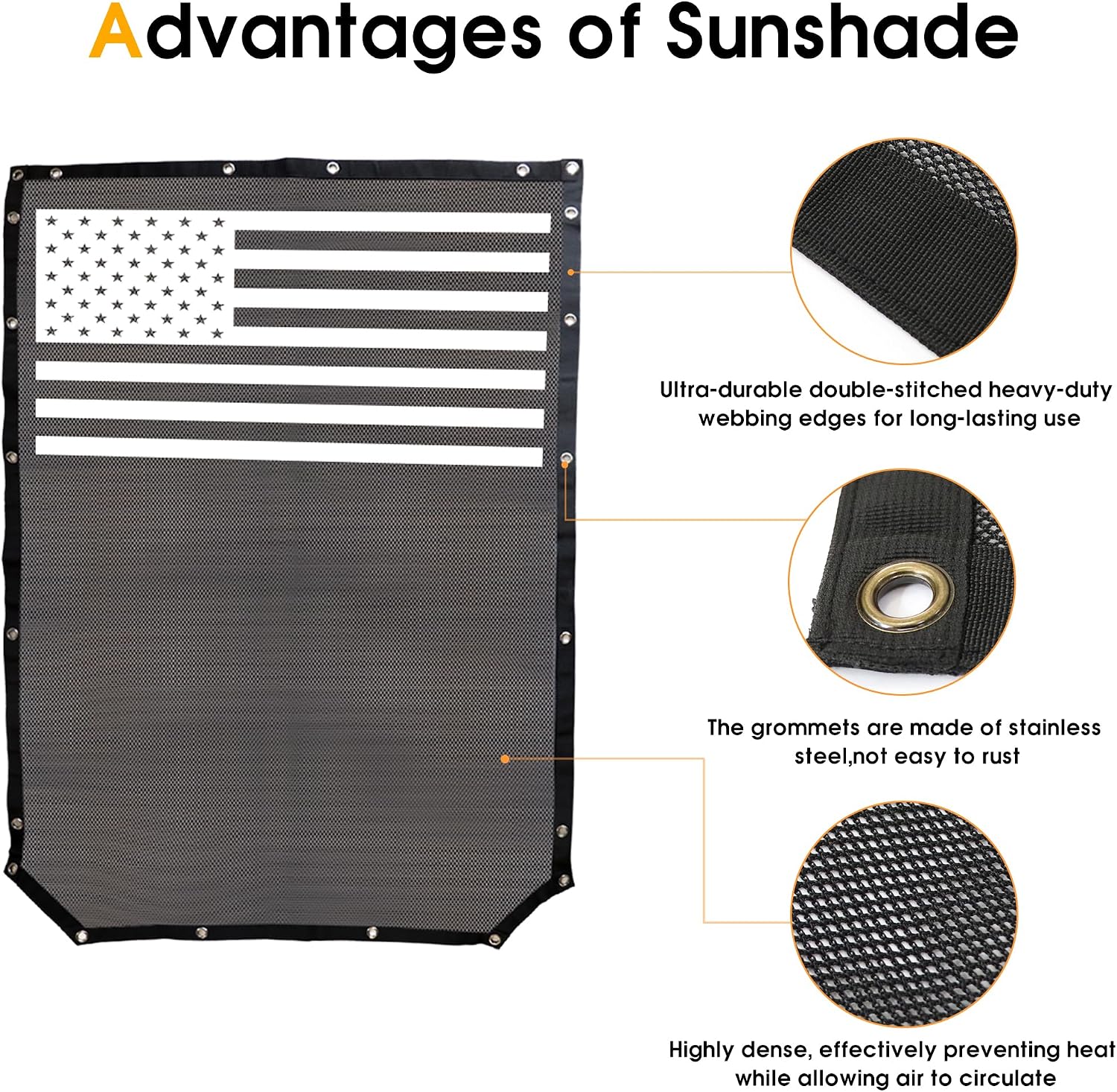 Sunshade for Ford Bronco Sunshade Top Cover Compatible with New Ford Bronco 2021 2022 2023 2024 2025 2026 4 Door, Full Length Mesh Sun Shade Bimini Top Cover, Blocks UV Wind Noise, Flag