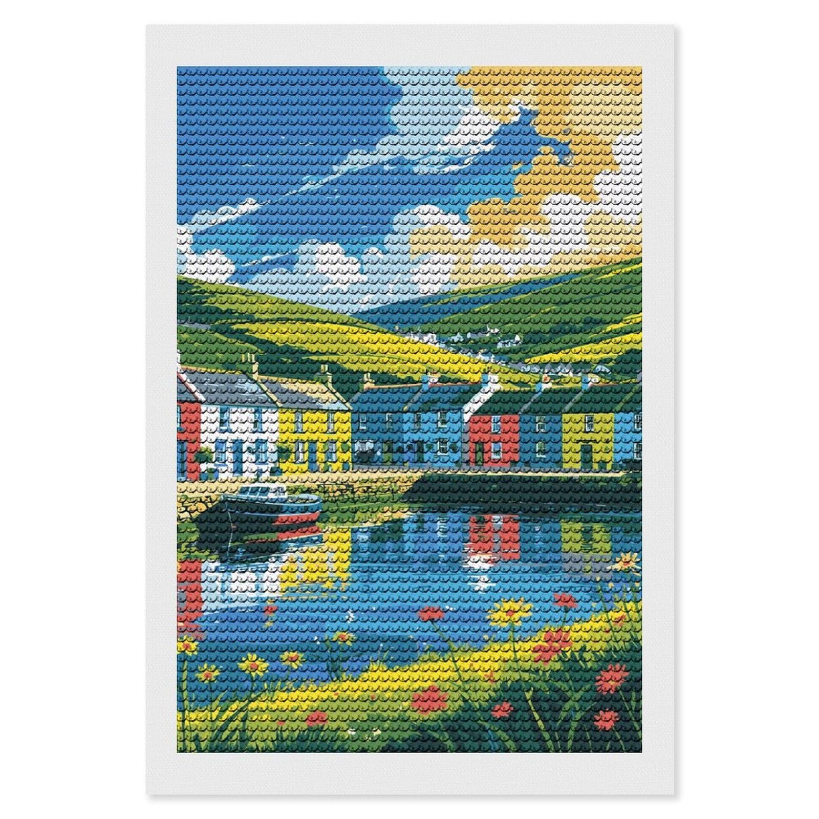 Junmoney Colorful Coastal Village Scene Illustration Diamond Art Kit 8"x12", Creative Leisure Activity, Complete Accessories, Vintage Style Decor, for Women