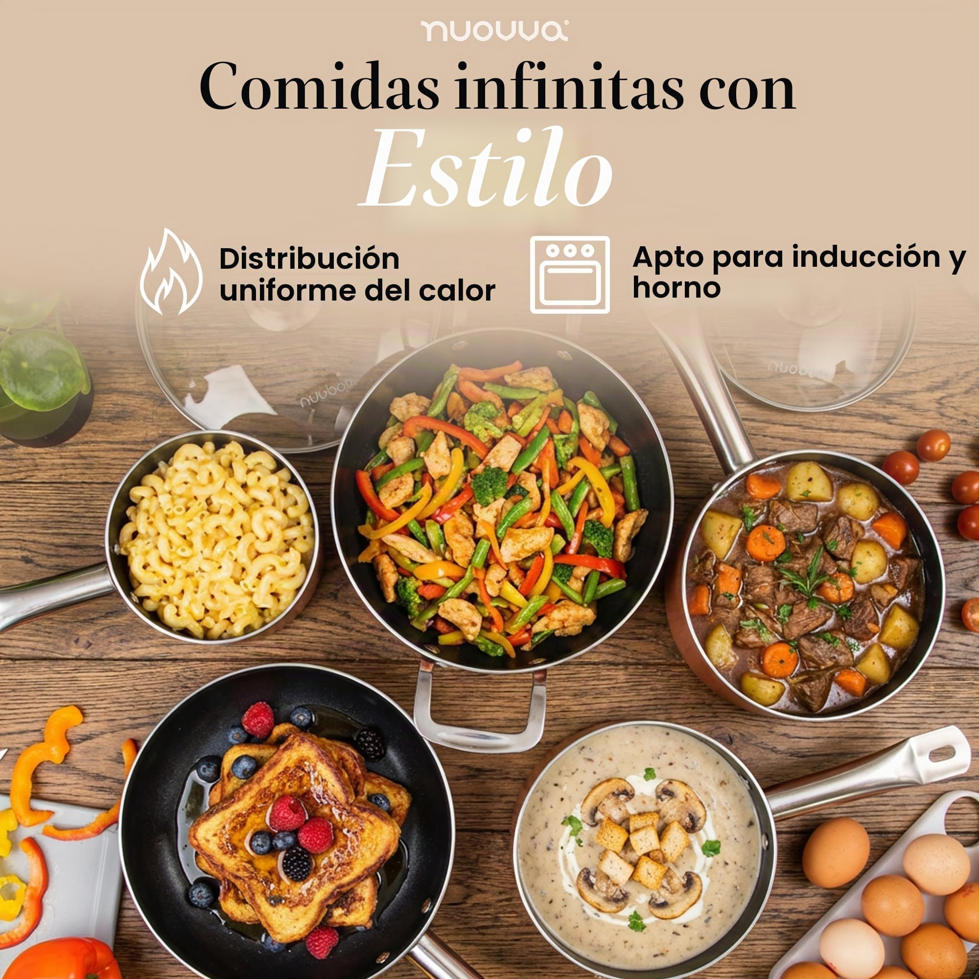 Juego de ollas y sartenes antiadherentes – Juego de ollas de inducción – 8 utensilios de cocina con tapas – Ollas de cobre y sartenes – por Nuovva