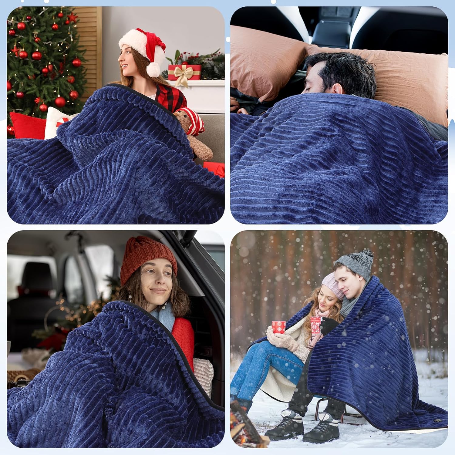 Riakrum 12v Heated Car Blanket 58" x 43", 3 Heating Level Electric Heated Blanket Portable Throw with Temperature Controller Cigarette Lighter Socket for Truck Winter(Navy Blue,Ribbed) - Image 6