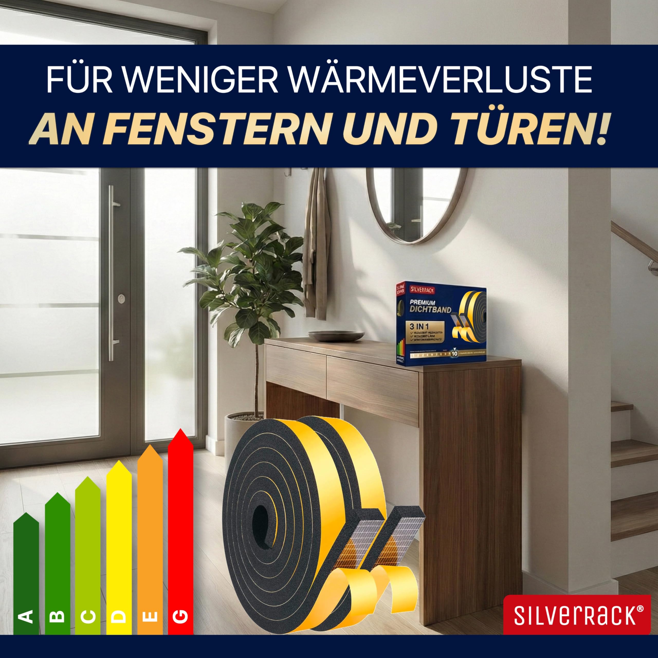 SilverRack Guarnizione autoadesiva per porte da 8 m, colore nero, 12 mmx6 mm, 2 rotoli da 4 m, paraspifferi per risparmiare sui costi di riscaldamento