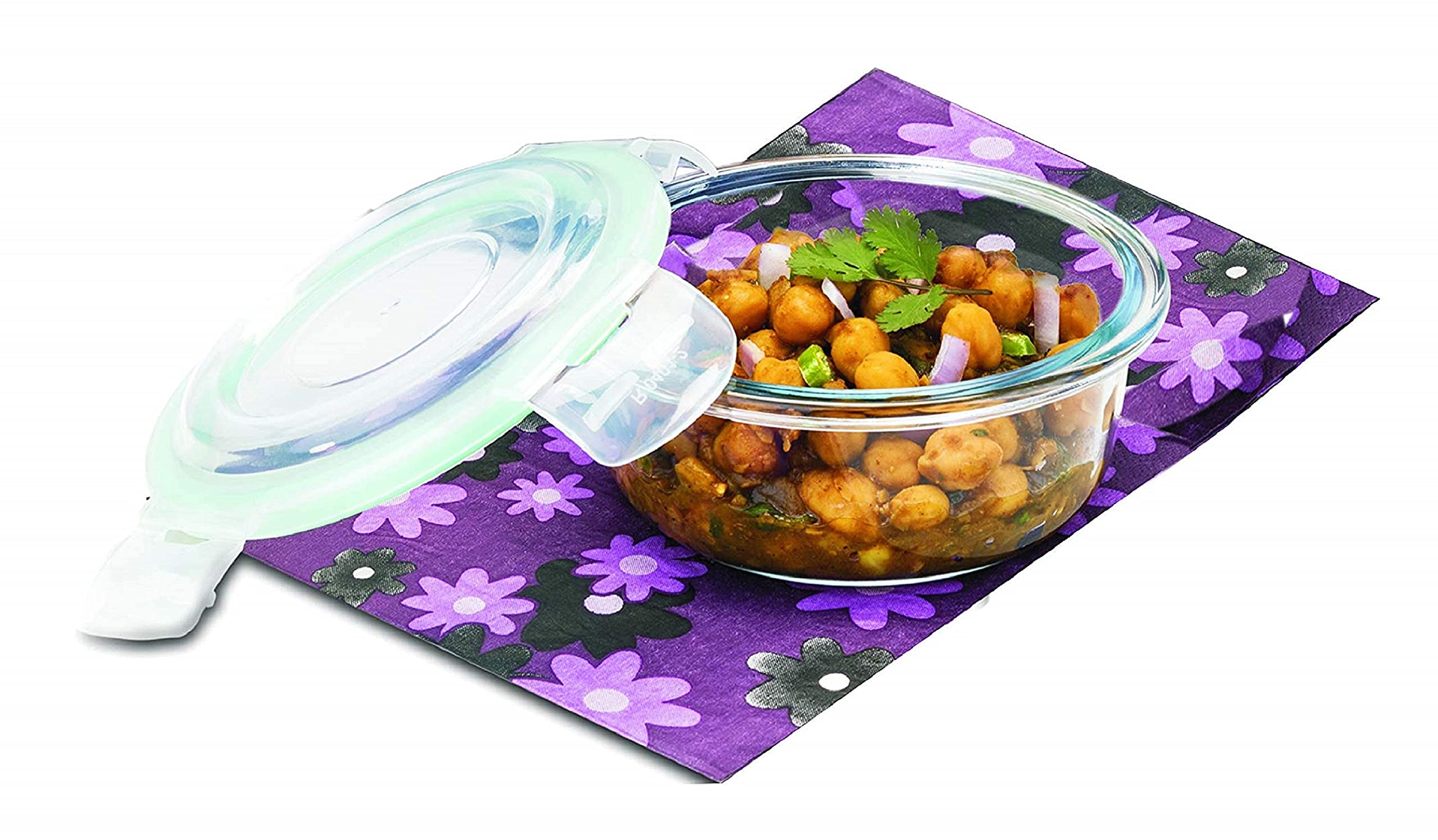 SignoraWare Lock N Store Borosilicate Glass Round Container | Microwave Safe | Convenient Storage | Air tight Lid | Useful for Storage Snacks & Treats | Best for office use (950 ml | Clear)