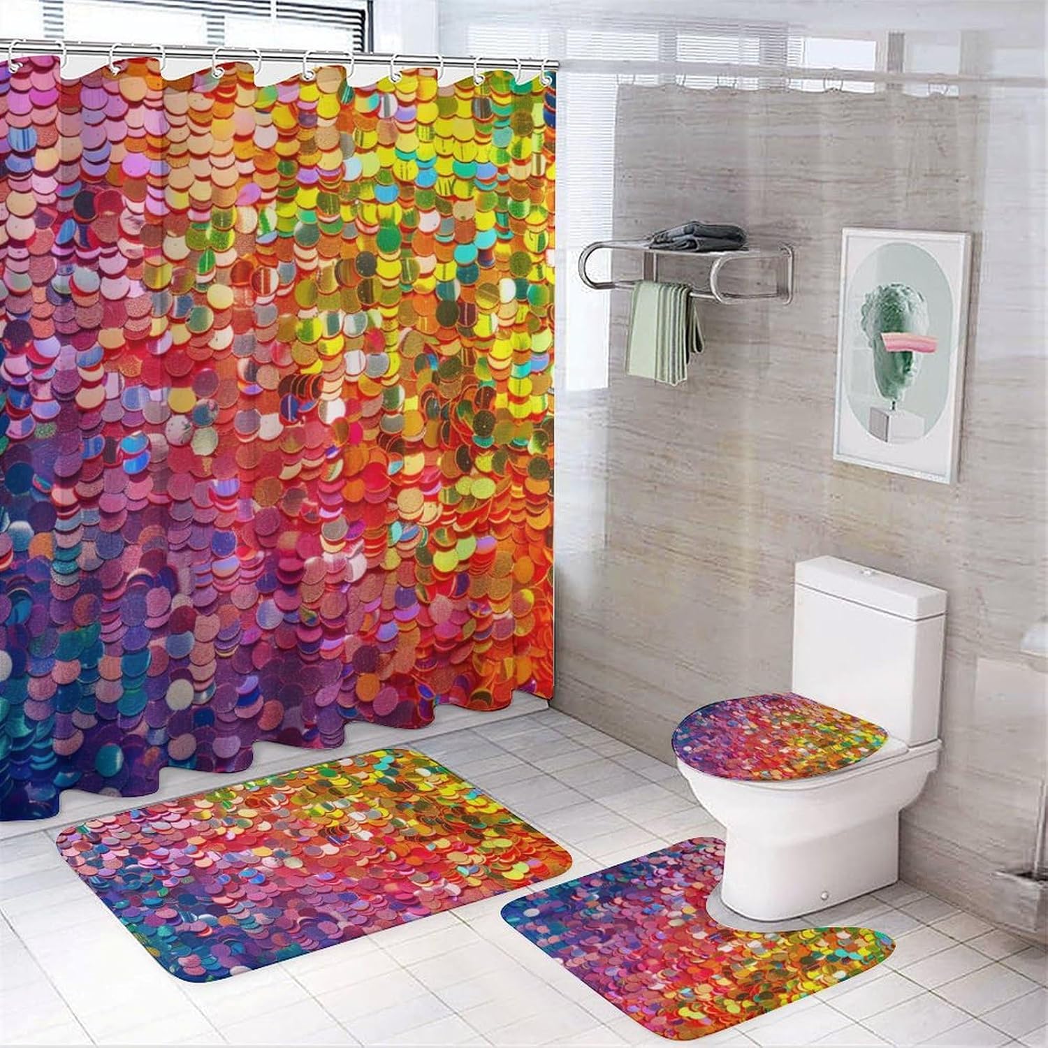 4Pcs Sequin Novelty Shower Curtain Sets with Rugs, Toilet Lid Cover and Bath Mat, Modern Rainbow Art Deco Bathroom Shower Curtains Set with 12 Hooks