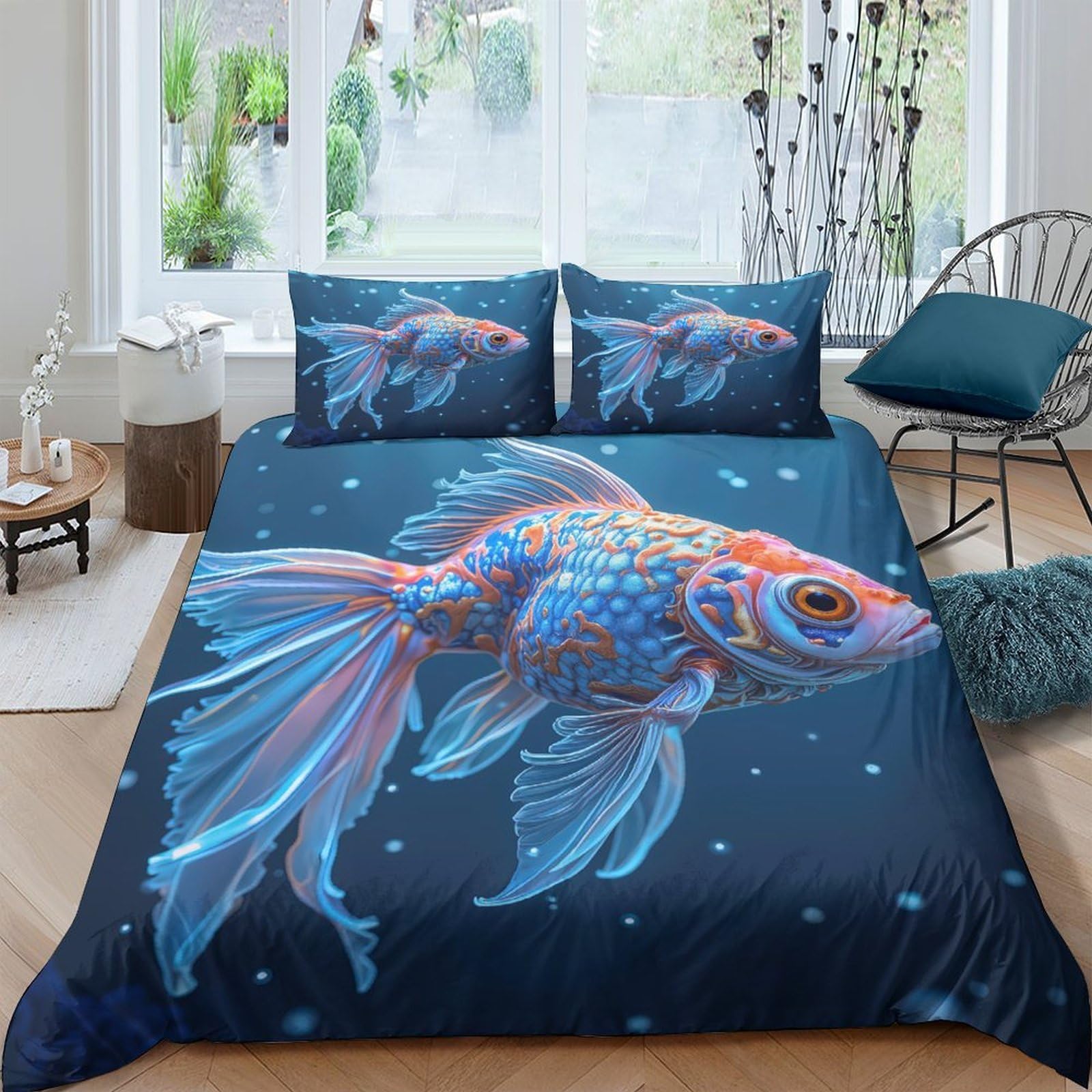 Ctjqhvkz Style-10 3D Printed Blue Goldfish Fitted Sheet Microfiber Soft Ocean Night Mattress Cover For Bedroom Living Room Dorm Decor Single（135X200cm）