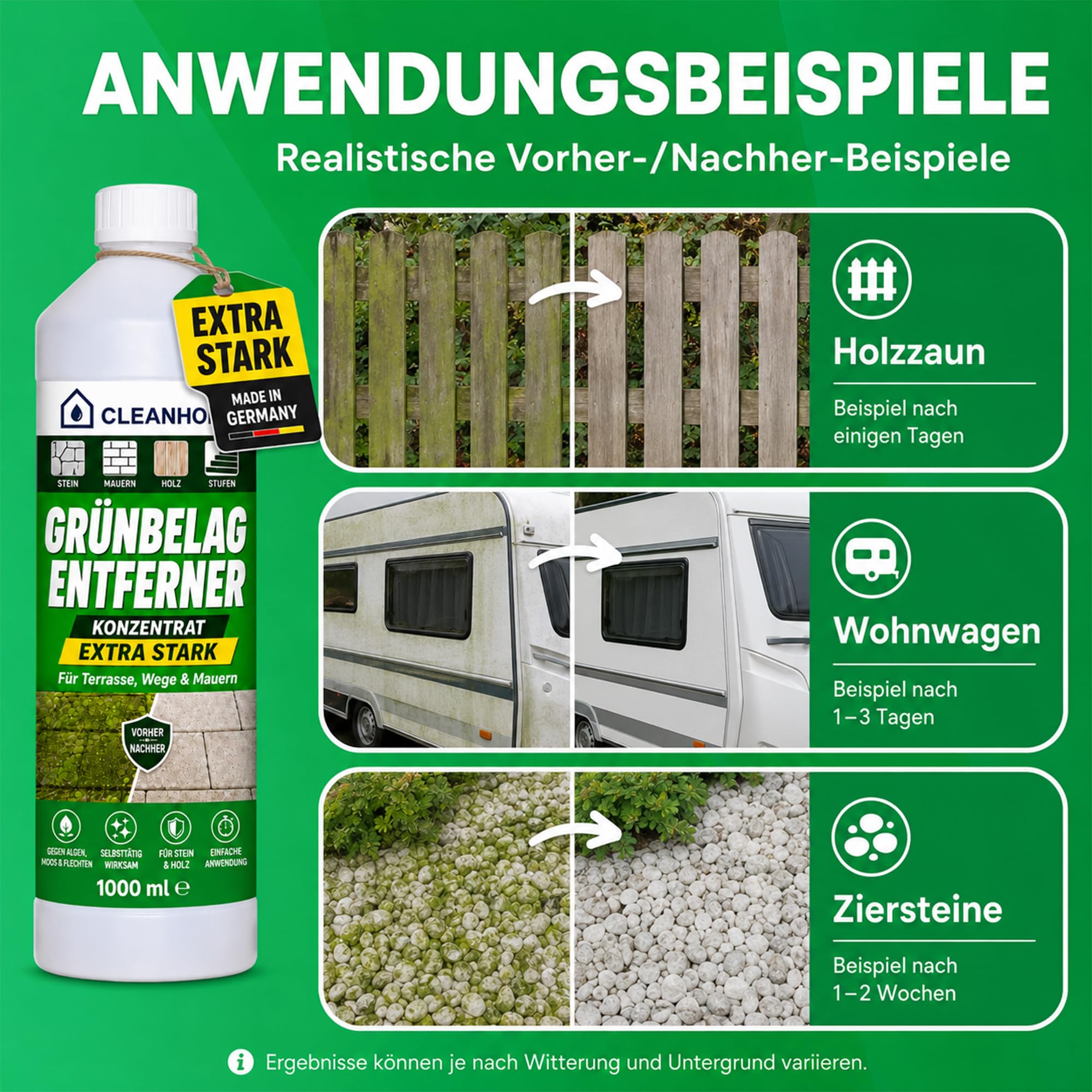 CLEANHOME Grünbelag Entferner Konzentrat 5 Liter – extra starker Grünbelagentferner gegen Algen, Moos & Flechten | selbsttätiger Steinreiniger außen für Terrasse, Wege, Mauern & Holz