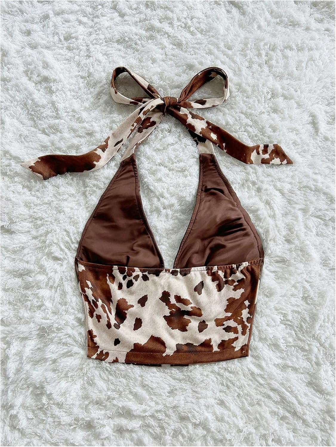 MAKEMECHIC Women's Cow Print PU Leather Halter Tops Lace Up Tie Back Cowgirl Summer Crop Tank Tops