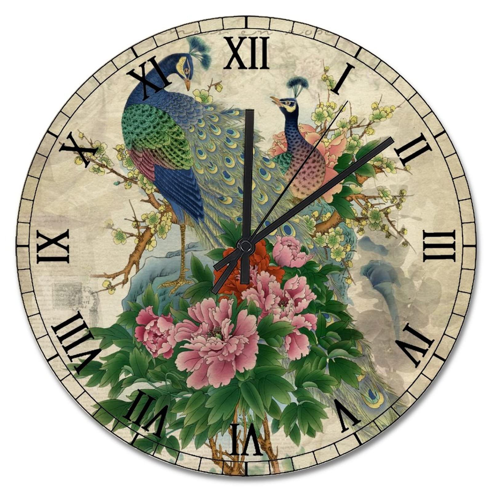 Horloge murale paon silencieuse en bois pour chambre et salon