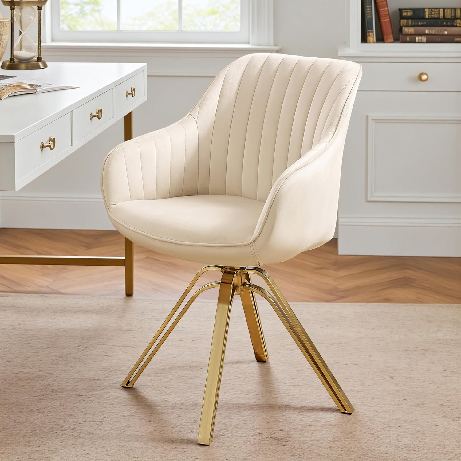 Volans Mid Century Modern Desk Chair No Wheels, Upholstered Swivel Accent Chair with Hollow Brushed Gold Plated Legs Office Chair for Home Office Bedroom, Beige Off White product image