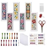 FREEBLOSS 6 Set Cross Stitch Bookmark Kit 11 CT Complete Stamped Cross Stitch Kit DIY Embroidery Bookmark Kits for Adult Beginners with Instructions, Vintage Floral Pattern, 6 x 20 cm/8