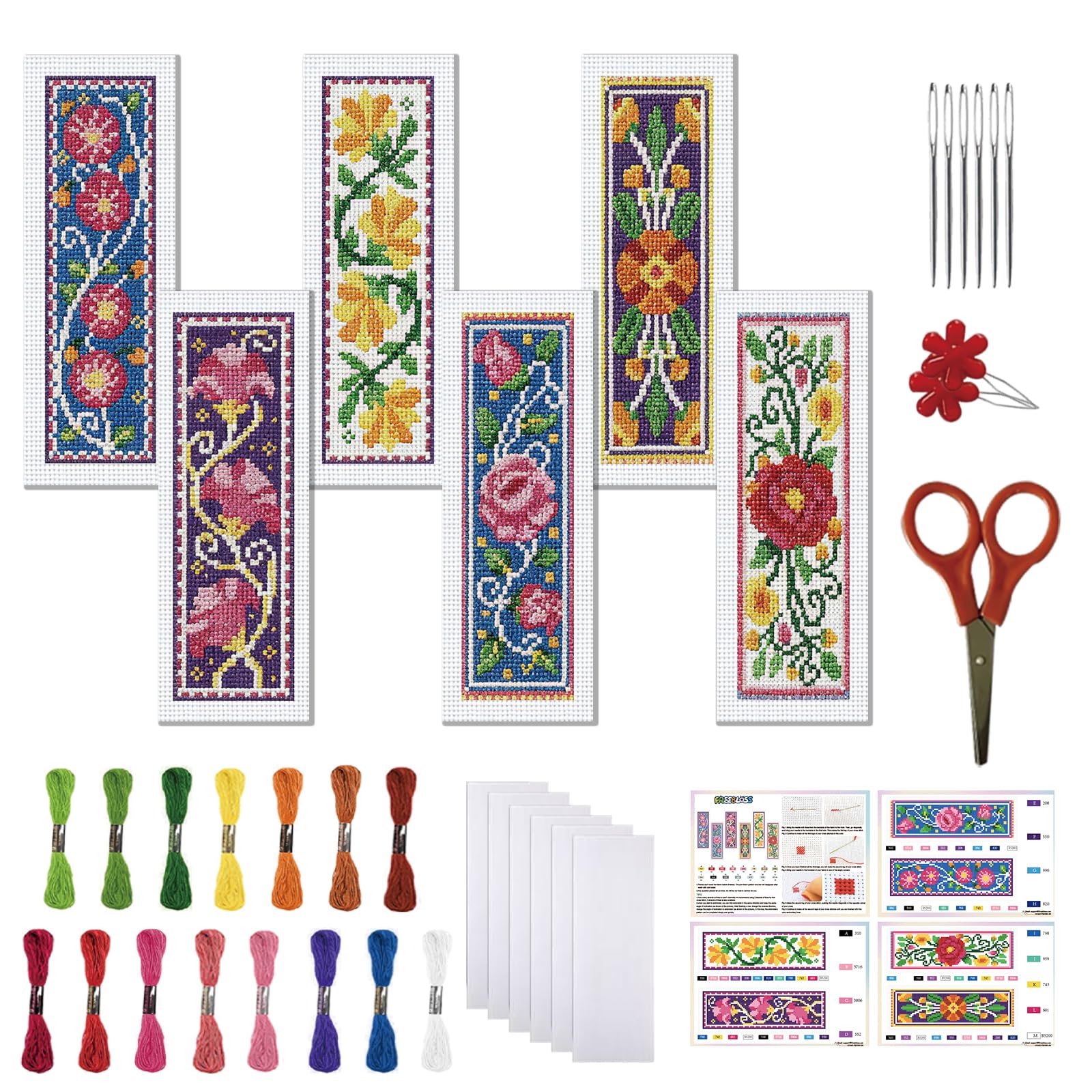 FREEBLOSS 6 Set Cross Stitch Bookmark Kit 11 CT Complete Stamped Cross Stitch Kit DIY Embroidery Bookmark Kits for Adult Beginners with Instructions, Vintage Floral Pattern, 6 x 20 cm/8" x 2.4"
