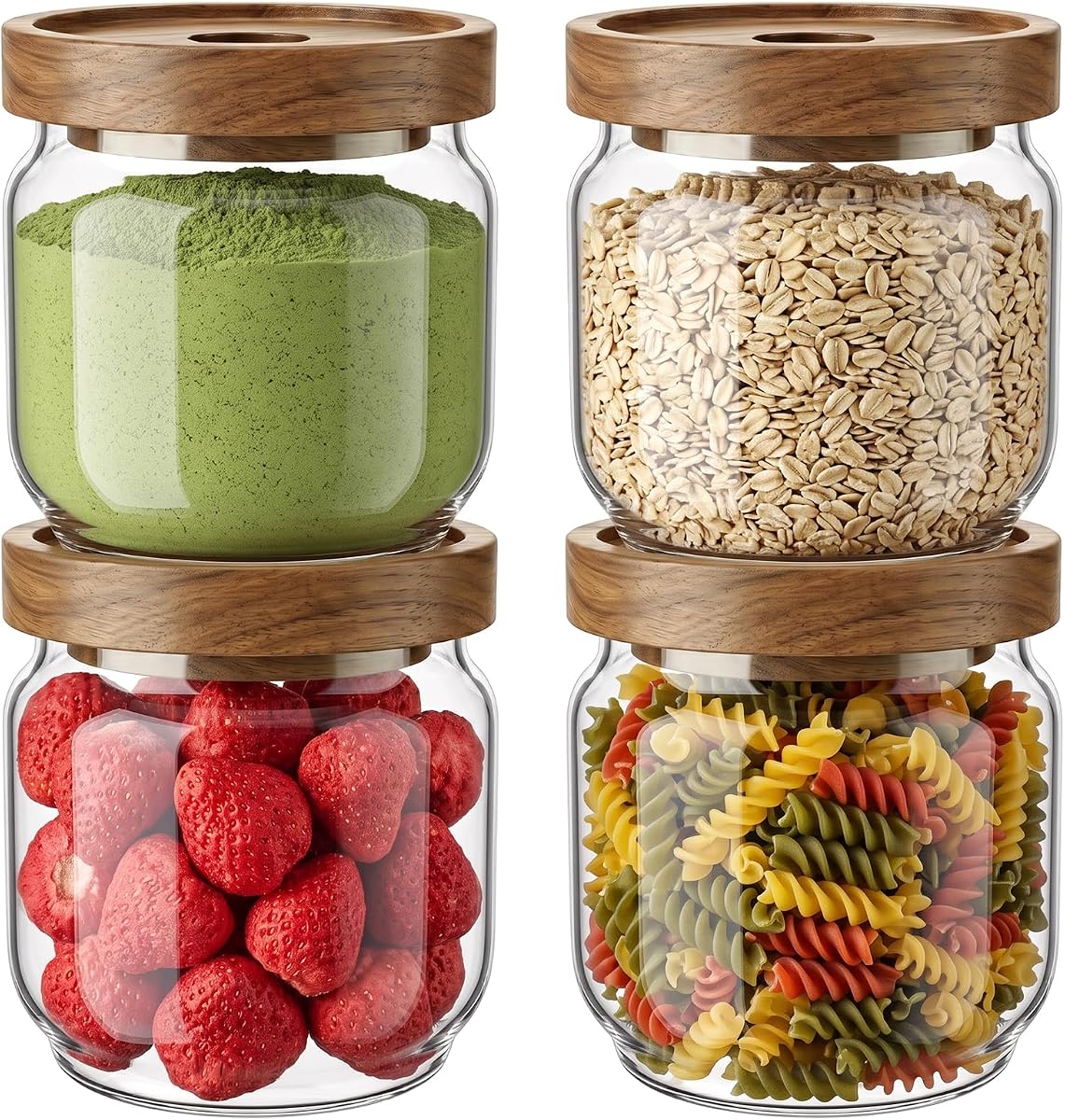 4 Pack 15 FL OZ (450ml) Glass Food Storage Jar with Acacia Lids, Airtight Sealed Clear Glass Canisters, Kitchen Food Storage Container for Serving Tea, Coffee Beans, Nuts, Spice, Sugar