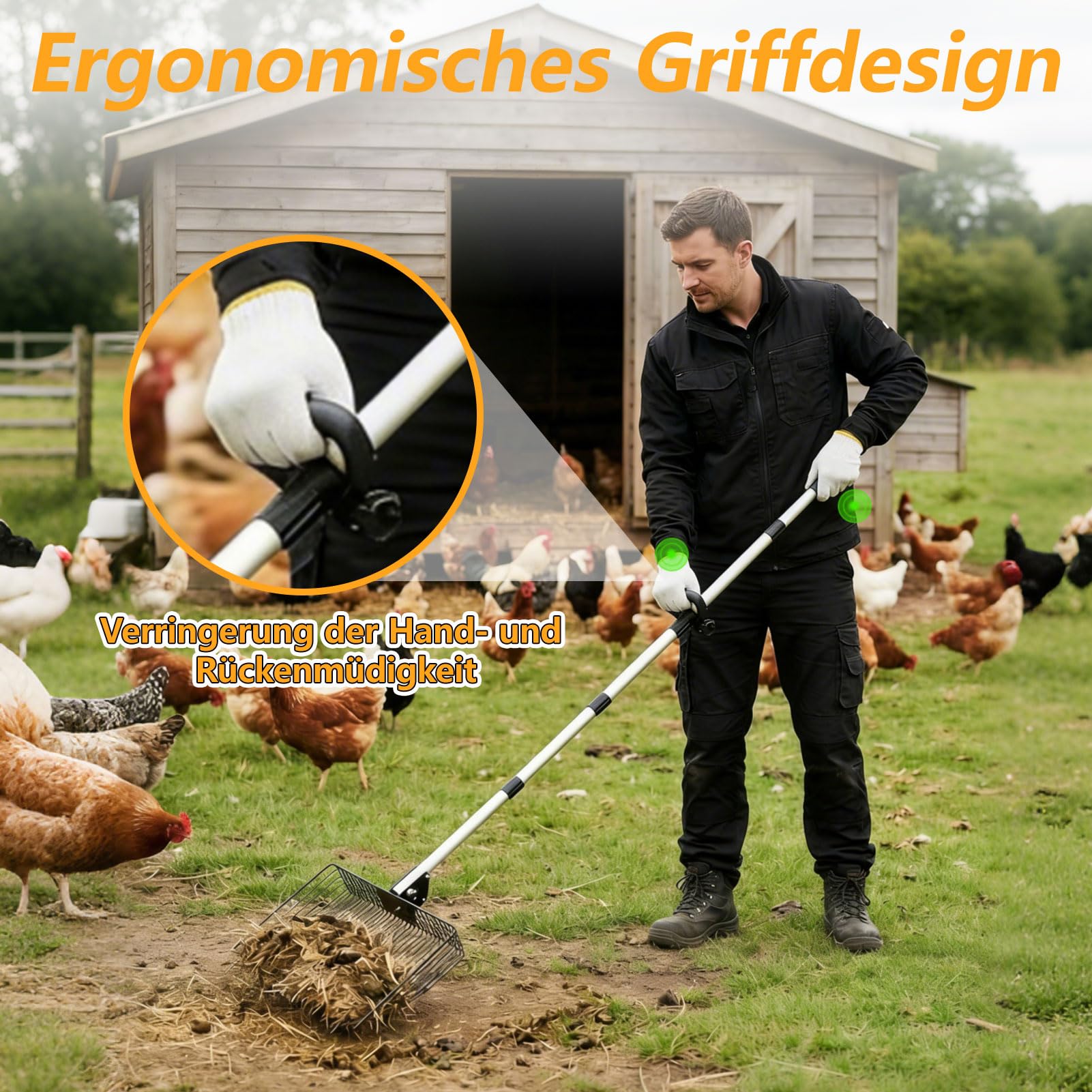 30cm Hühnerkotschaufel, groß Hühnerstall Zubehör mit Griff & Handschuhe, Edelstahl Katzenstreuschaufel, 4-IN-1 Verstellbare Siebschaufel Schaufel Katzenklo von KOT für Hühnerstall Kuhstall Garten