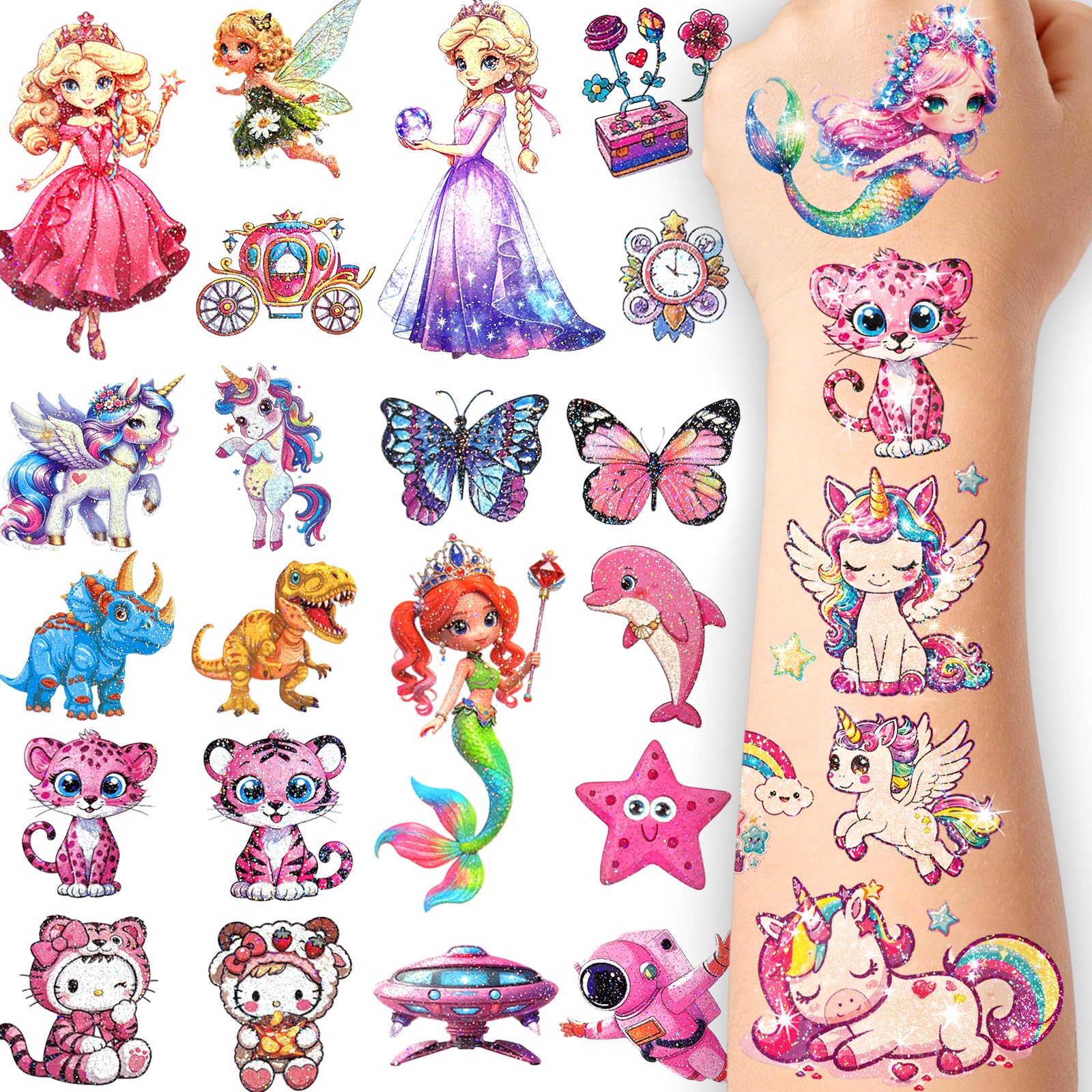 240 Pcs Glitter Temporary Tattoos for Kids Girls, Princess Unicorn