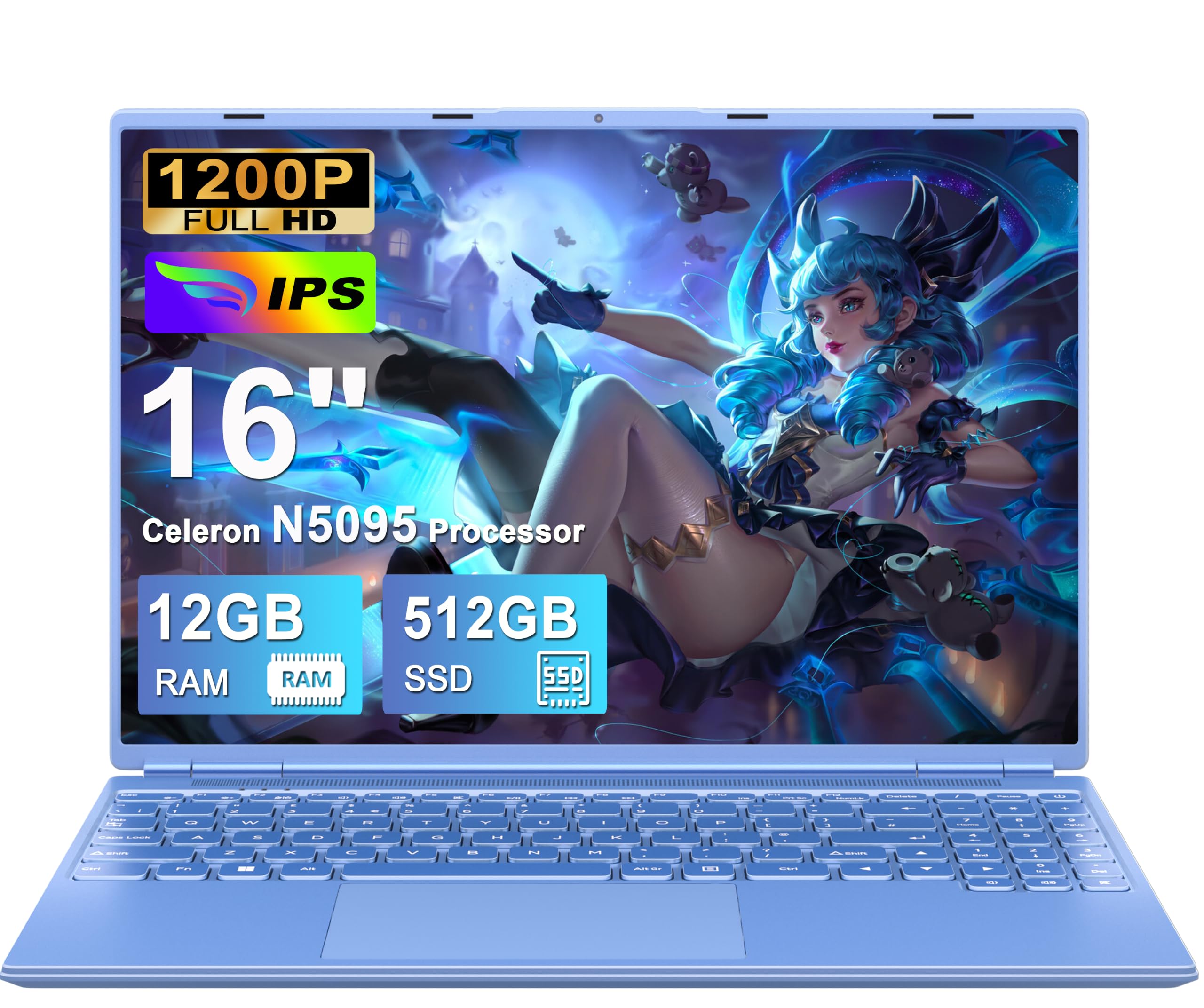 PC Portatile Laptop 16 Pollici Portatile Celeron N5095 (fino a 2.9Ghz), Win 11 Notebook 12+512GB 1TB SSD Espansione丨Ventola di Raffreddamento丨Supporto 5G WIFI丨1920 * 1200 2K Schermo Doppio- Blu
