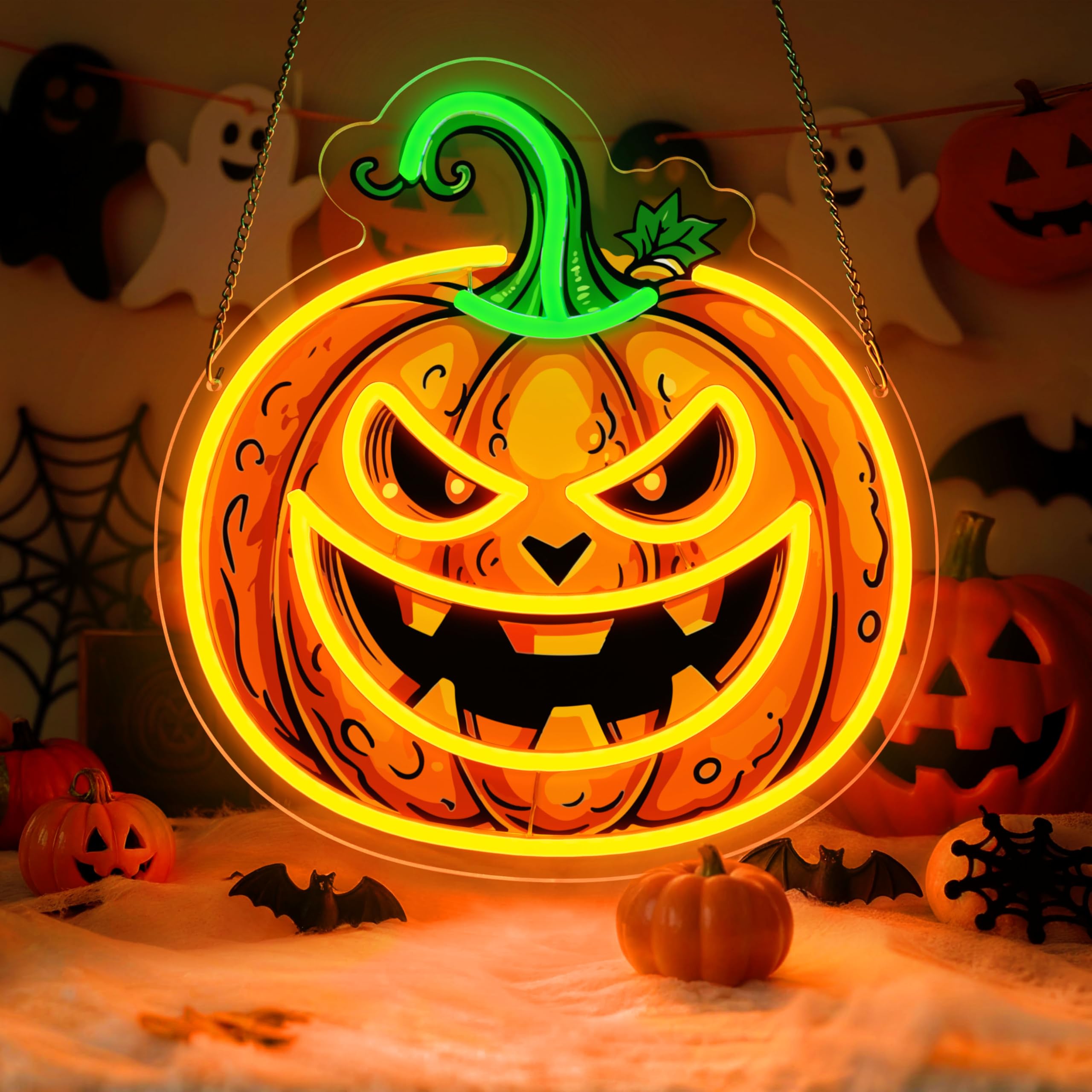 Neonowy znak LED, dynia, do dekoracji ścian, przyciemniana, pomarańczowa, neonowa, dynia, do sypialni, baru, pokoju dziecięcego, na imprezę halloweenową