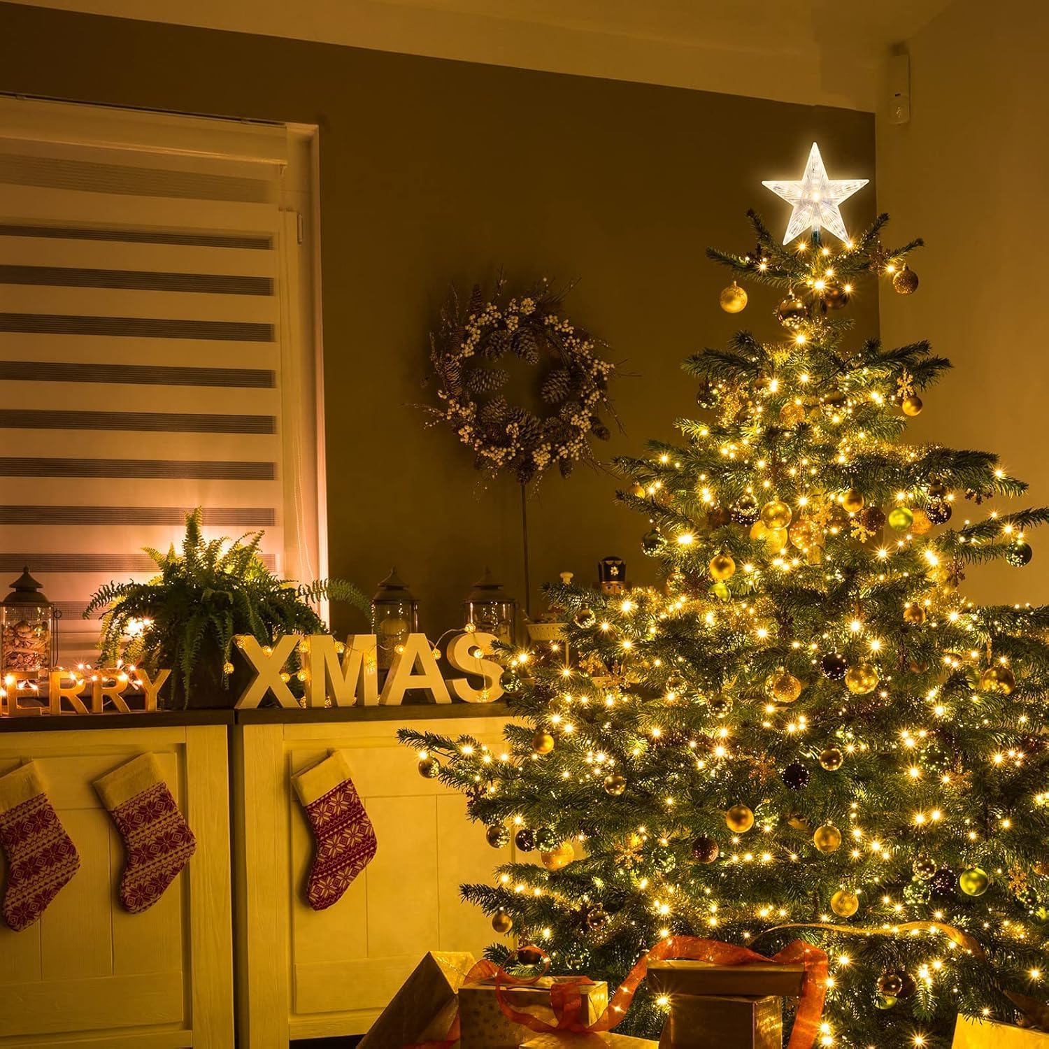 8.7 Inch Glitter Silver Star Tree Topper - Star Tree Topper with 31 LED and 5V Adapter Powered Tree Topper Light for Christmas Tree Decoration 8" 31LED Tree TopTree Top,Star Warm White