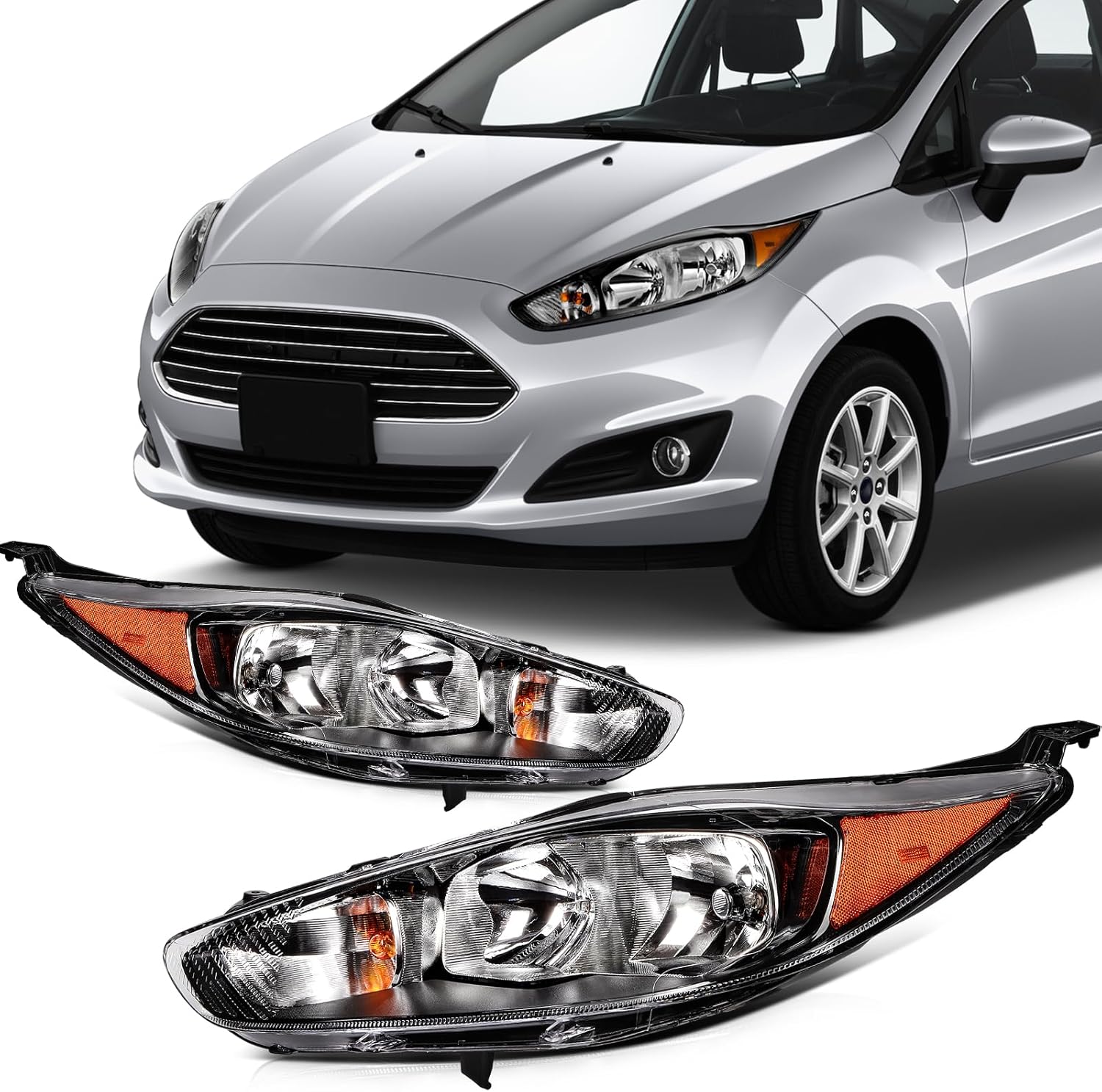 SCITOO Headlight Assembly Fit for 2014 2015 2016 2017 2018 for ford Fiesta Pair Headlamps OE:D2BZ13008H