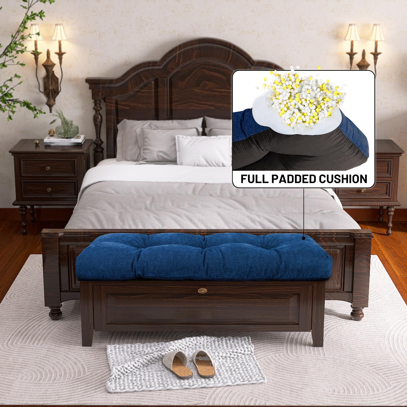 Lokex Bench Cushion,48x16 Inch Tufted Bench Cushions for Outdoor Furniture,Non-Slip Window Seat Cushions Indoor,Blue