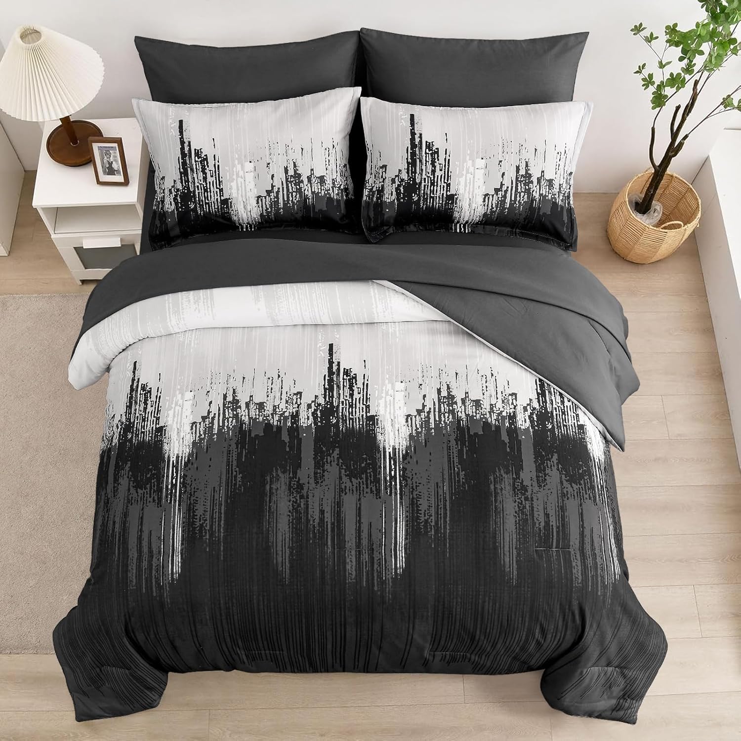 WONGS BEDDING Comforter Set King, Black Grey 7 Pieces Bed in a Bag Colorful Abstract Art Gradient Comforter Soft Microfiber Bedding Set with Comforter,Flat Sheet,Fitted Sheet,Pillow Shams,Pillowcases - Image 3