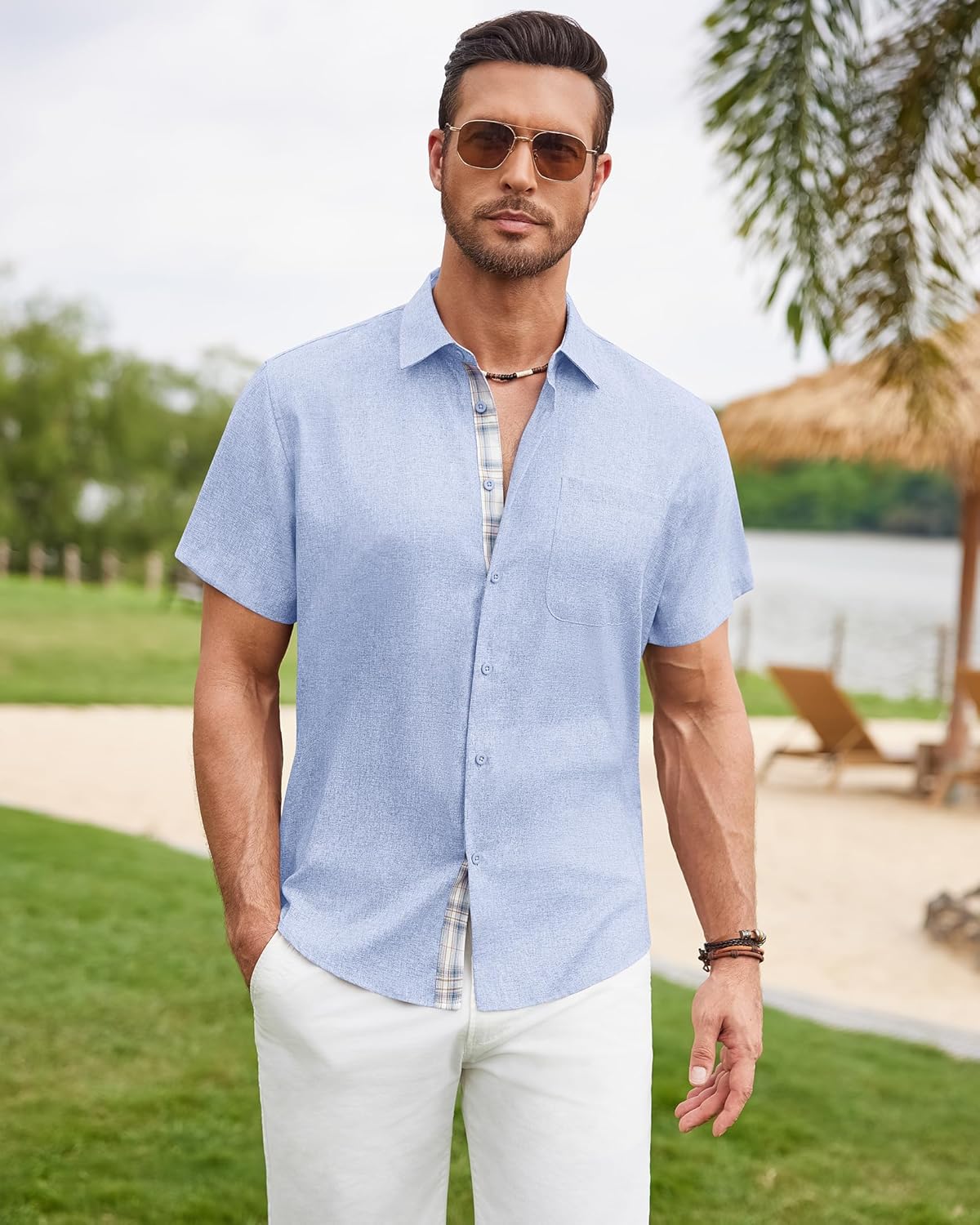 DEMEANOR Mens Linen Shirts Short Sleeve Wrinkle Free Untucked Shirt Casual Summer Beach Wedding Button Down Top with Pocket - Image 2