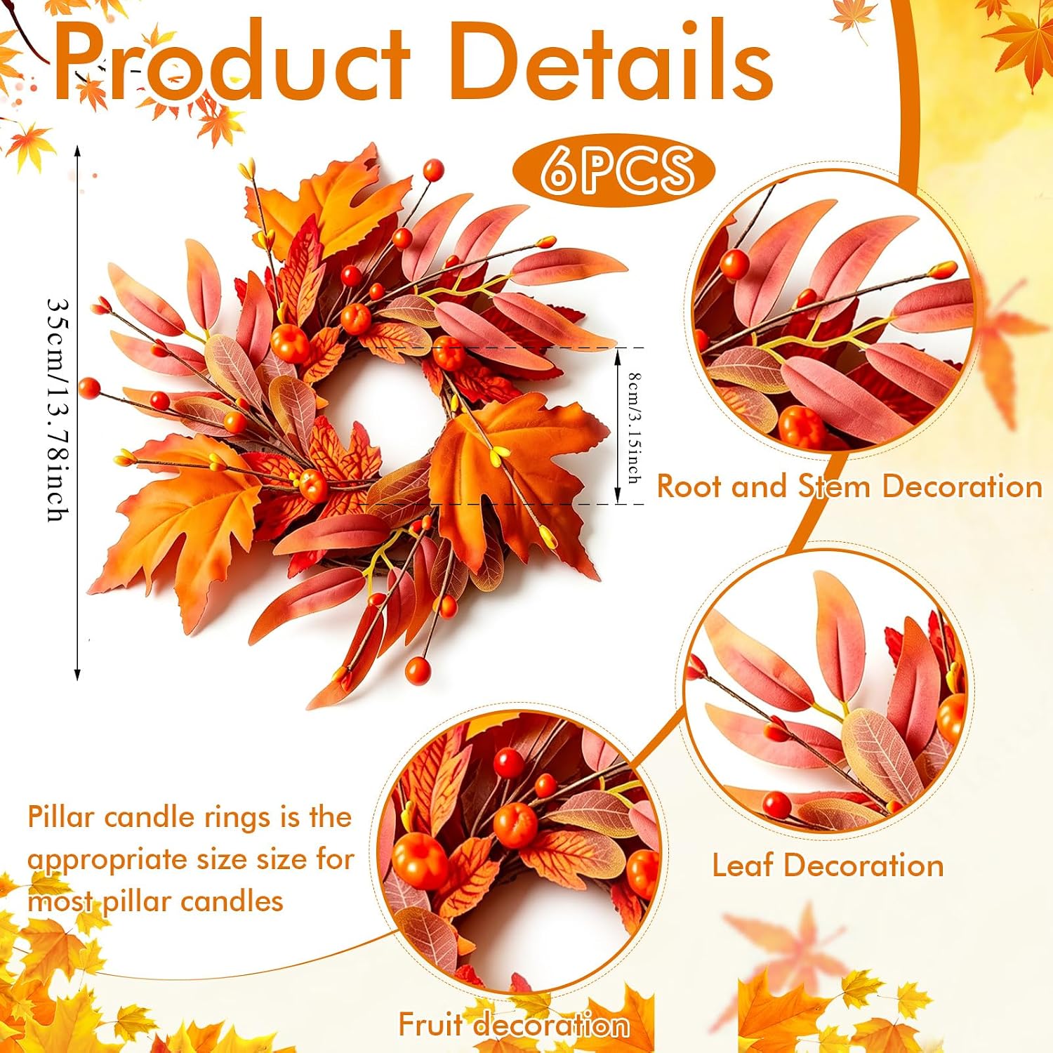 6 PCS Mini Fall Wreaths Small Fall Candle Rings Maple Leaf Wreaths for Cabinets Thanksgiving Table Centerpieces Autumn Wreath for Front Door Porch Wall Window