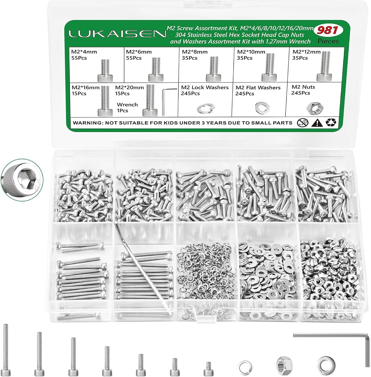 981 Pcs M2 Hex Socket Cap Screws Nuts Washers Wrench Kit, 304 SS | with Flat & Spring Washers & Wrench, for RC Cars, Drones & PC Repair, M2 x 4/6/8/10/12/16/20mm,Clear Label Storage Box