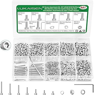 981 Pcs M2 Hex Socket Cap Screws Nuts Washers Wrench Kit, 304 SS | with Flat & Spring Washers & Wrench, for RC Cars, Drones & PC Repair, M2 x 4/6/8/10/12/16/20mm,Clear Label Storage Box