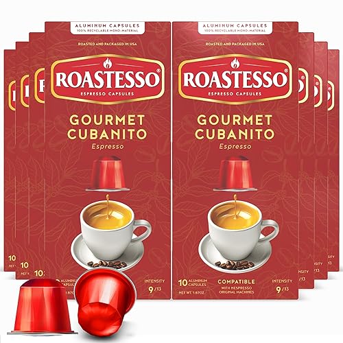 Roastesso Café, Cubanito gourmet, cápsulas compatibles con Nespresso para máquinas OriginalLine, cápsulas Ristretto Espresso tostado oscuro,