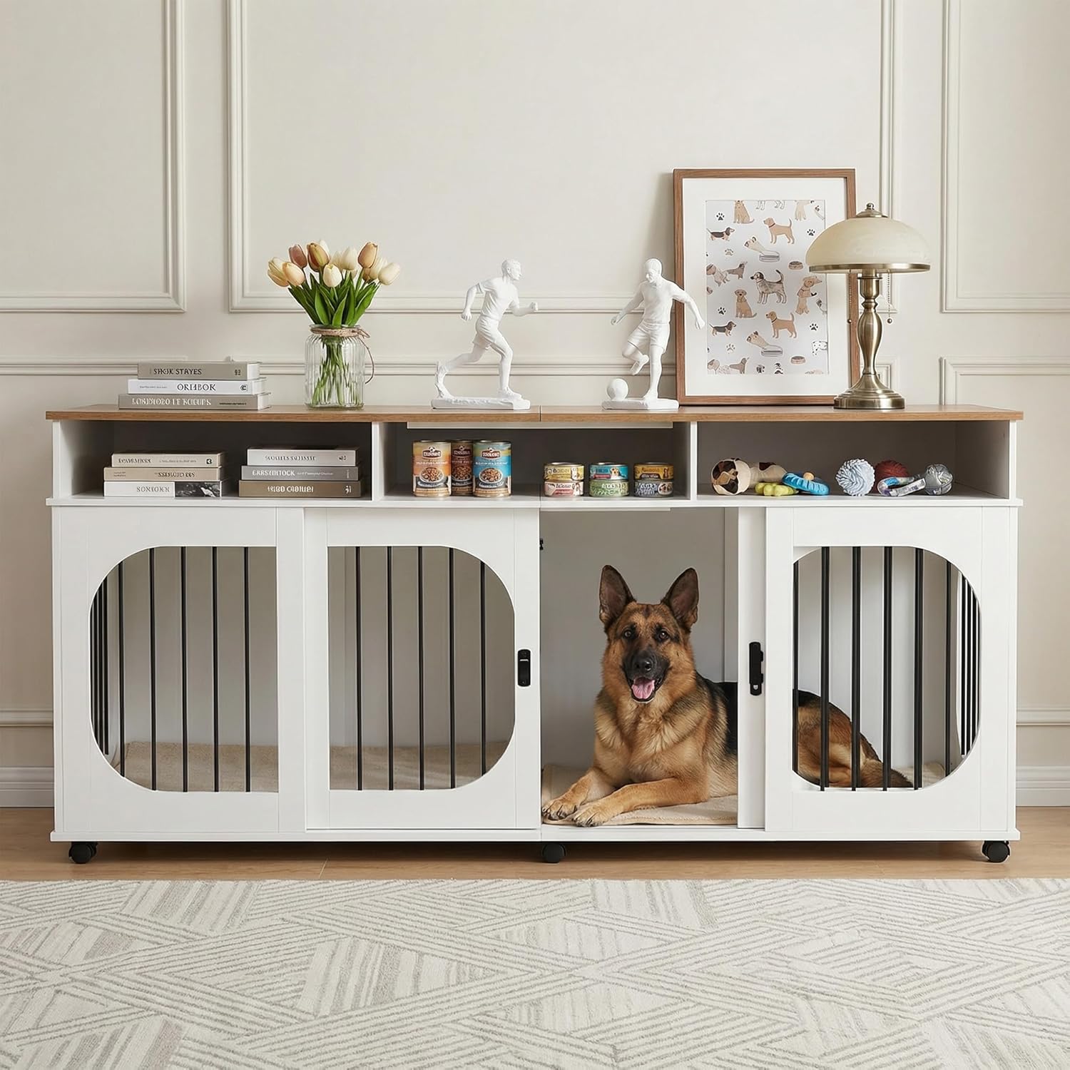 71" Double Dog Crate Furniture, Heavy Duty Indoor Dog Kennel with 3 Storage Drawers & Removable Divider,Wooden Double Dog Kennel for 2 Dogs,6 Lockable Wheels