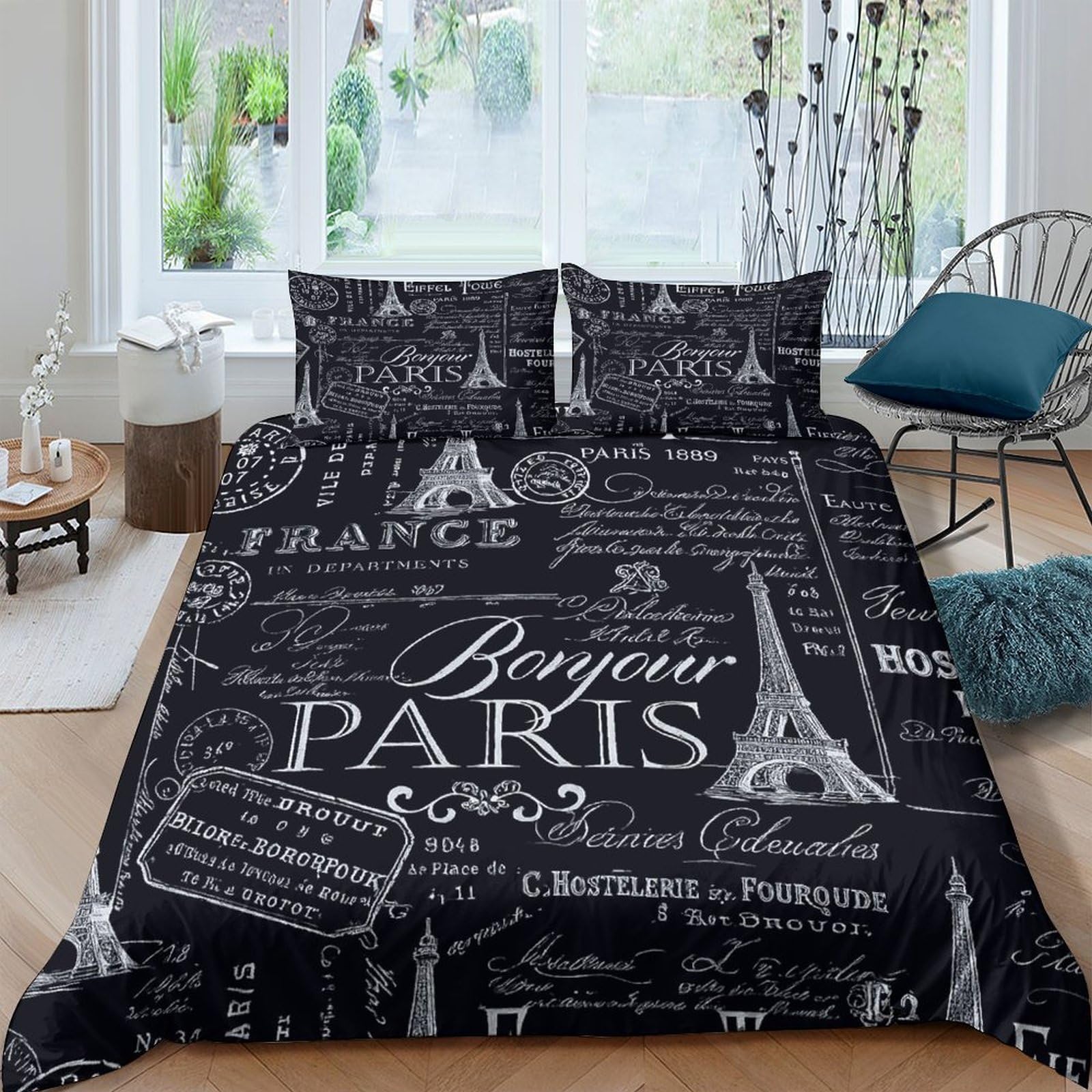 GPLZQXKJNH 3D Printed Paris Eiffel Tower Duvet Cover Set Microfiber Black White Bedding with 2 Pillowcases for Bedroom Home Single（135x200cm）