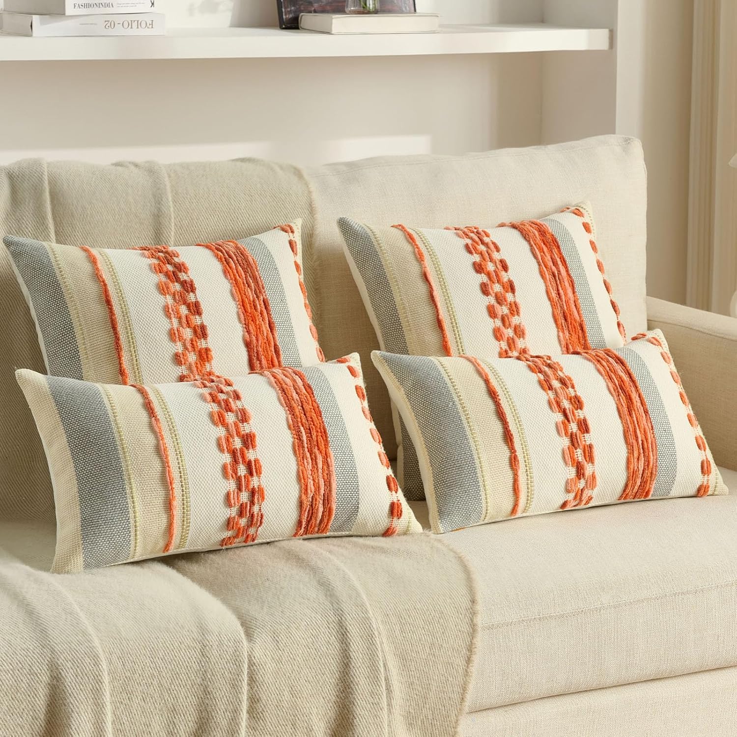 FUTEI Orange Decorative Throw Pillow Covers 18x18 Inch Set of 2, Soft Tufted Striped Textured Accent Cushion Case,Boho Pillows for Couch Decor