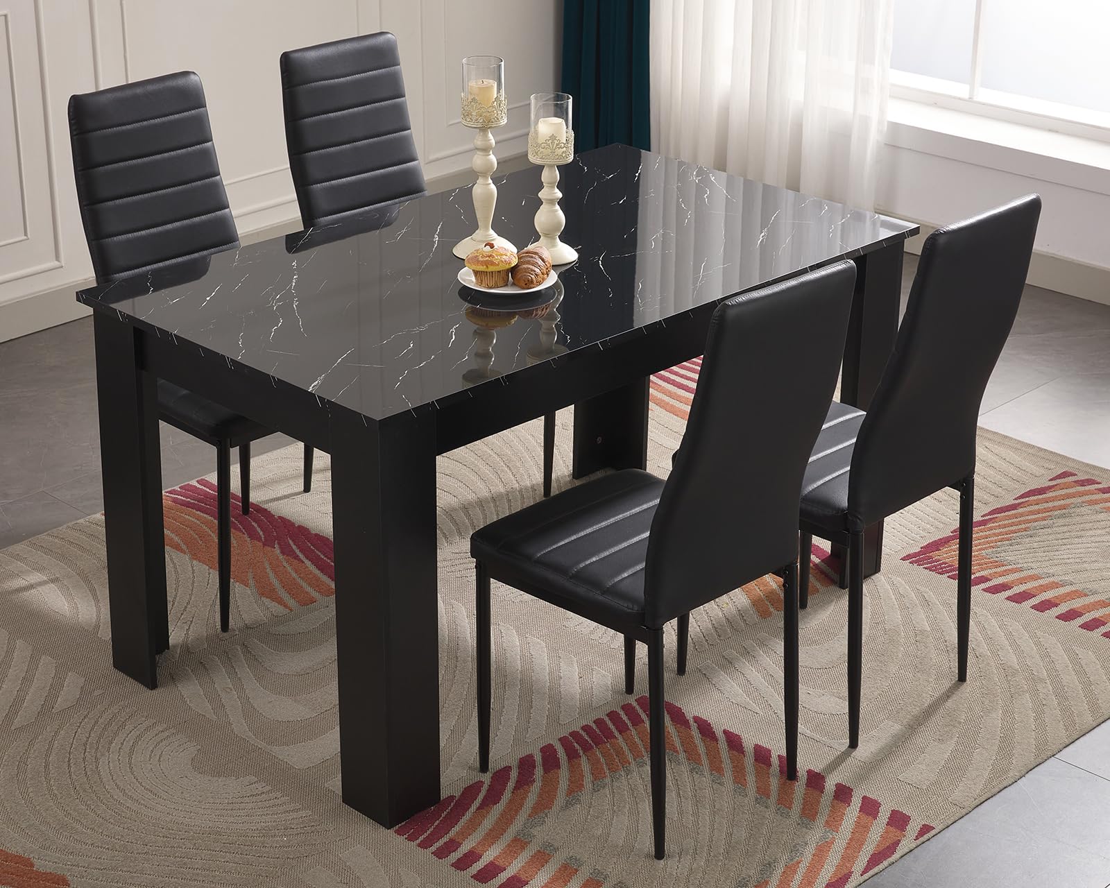 Blisswood Dining Table Set, Dining Table And Chair Set, Pu Leather Dining Room Chairs and 17mm Thick Table Top Long Modern Dining Table Set (Black Marble Dining Table And 4 Black Chair)