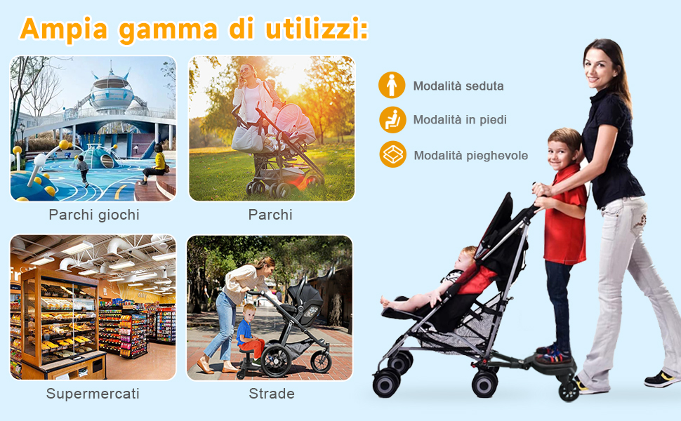 Pedana Passeggino Universale Con Sedile - Per Secondo Bambino 2-6 Anni - Schienale, Braccioli, Ruote