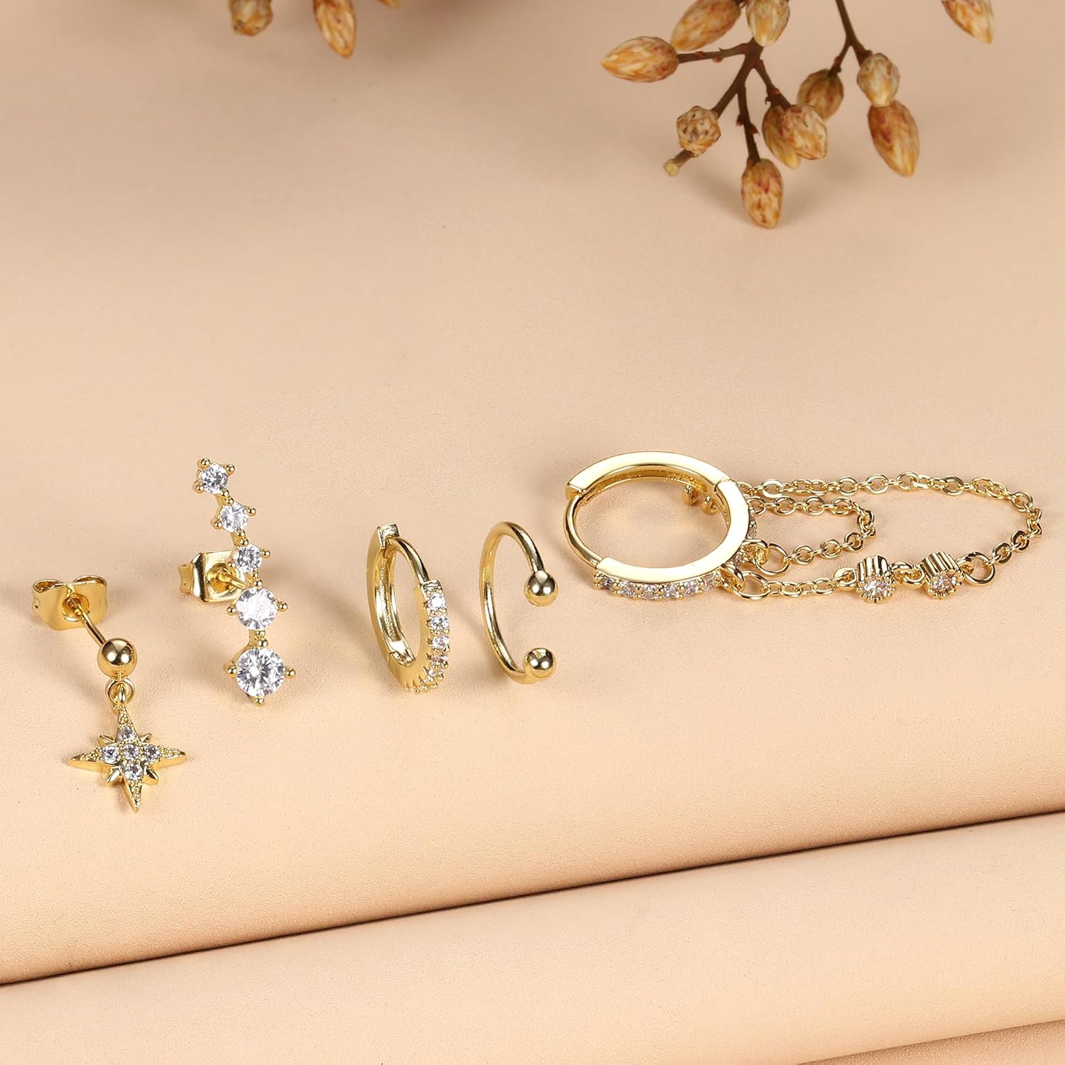 JeweBella 4/5/6 Pcs Boucles D'Oreilles Femme Plaqué Or 14 Carats