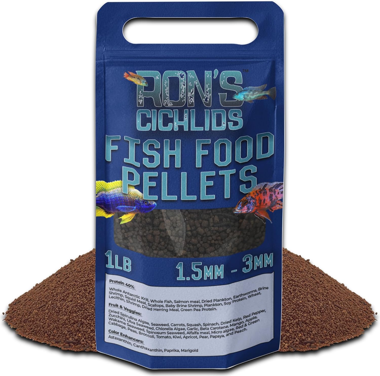 RON'S CICHLIDS African Cichlid Fish Food, Premium Tropical Fish Food Pellets with Protein, Veggies & Fruits for Healthier, Brighter & Bigger Tropical Fish & Cleaner Tanks, Mbuna Blend, 1 LB