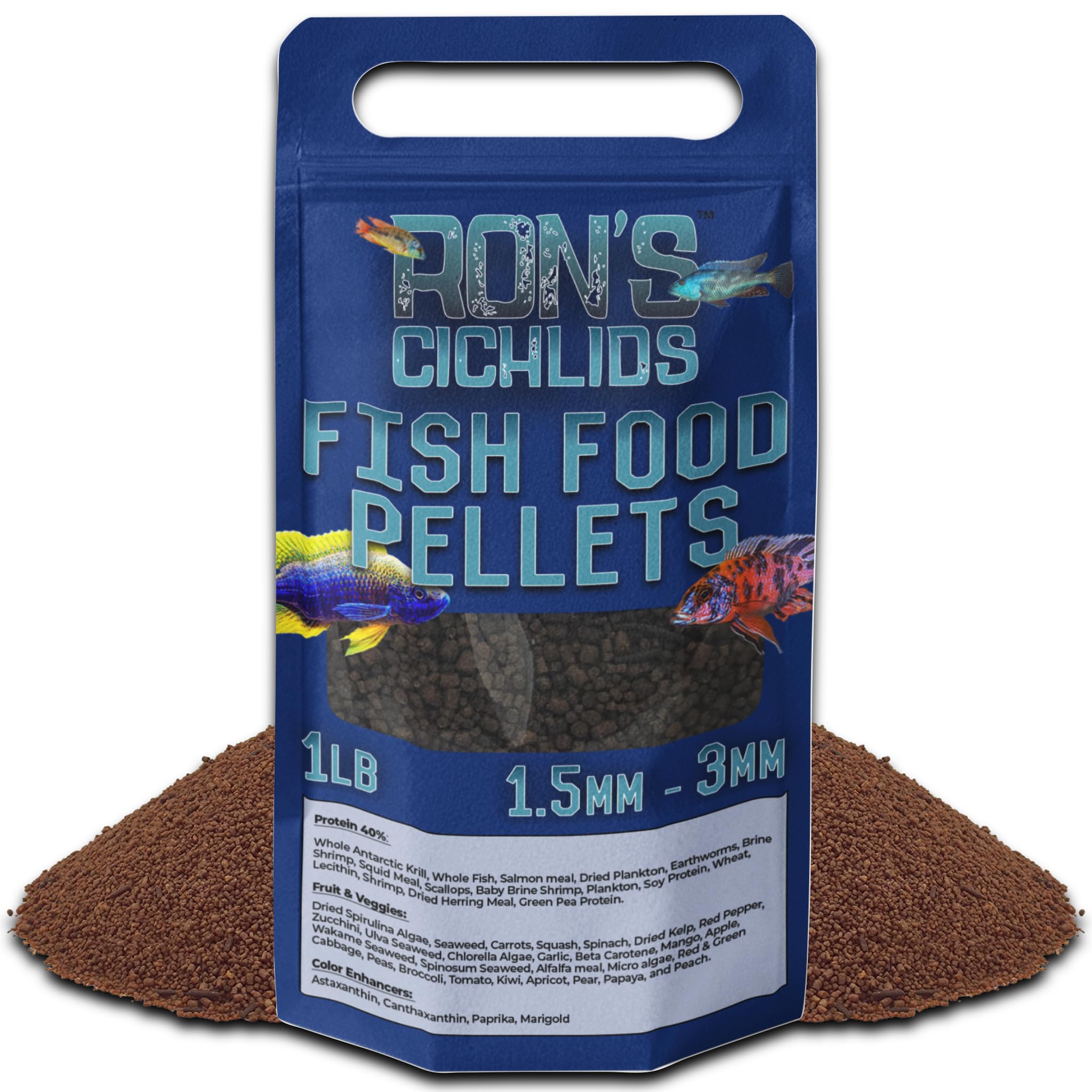 RON'S CICHLIDS Mbuna Fish Food for African Other Tropical Fish, Premium Food for Brighter Colors, Healthier Fish & Cleaner Tanks, Pellets Made with Real Shrimp & Natural Ingredients, 1 LB