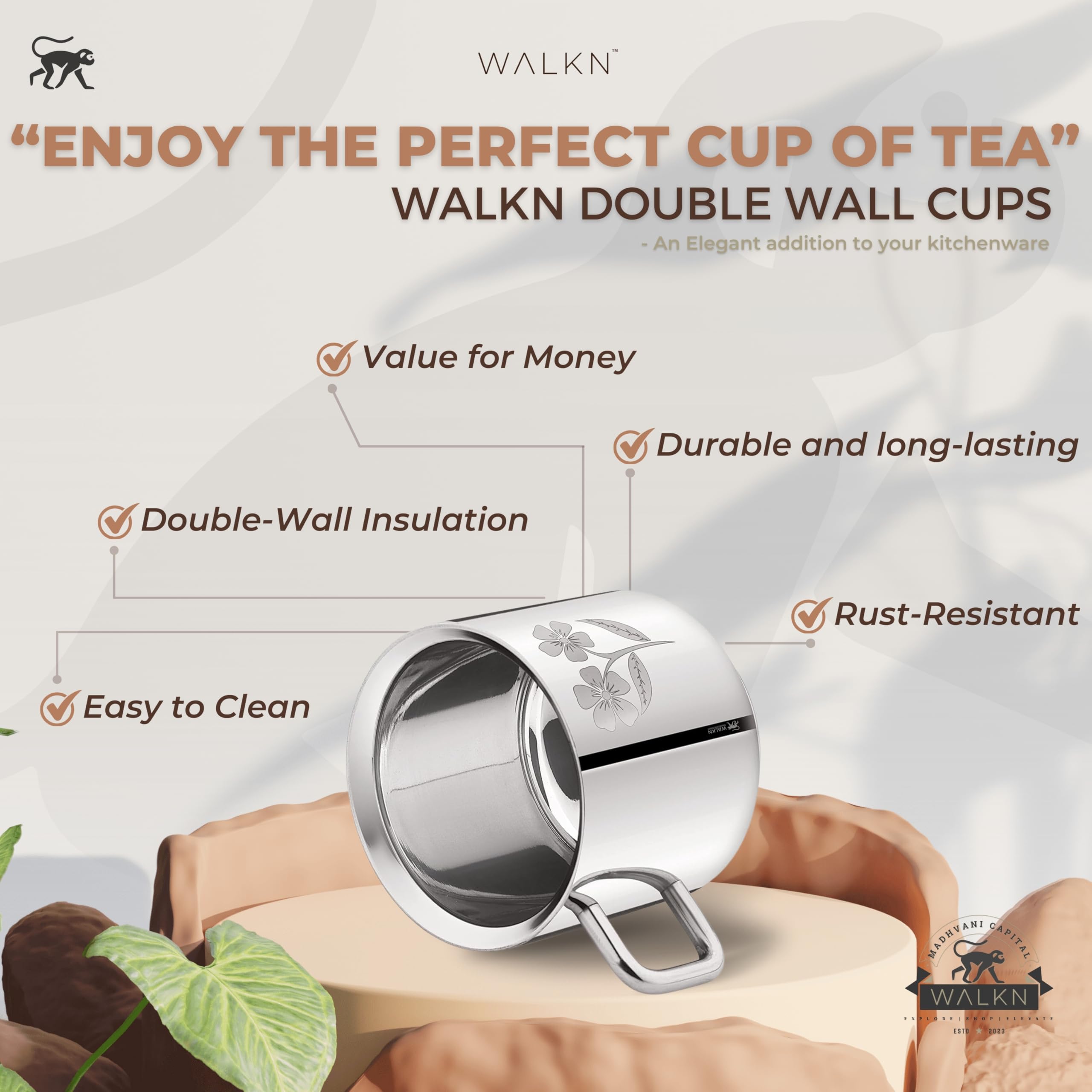 WALKN Floral Tea Cups - Set of 6 Stainless Steel -4