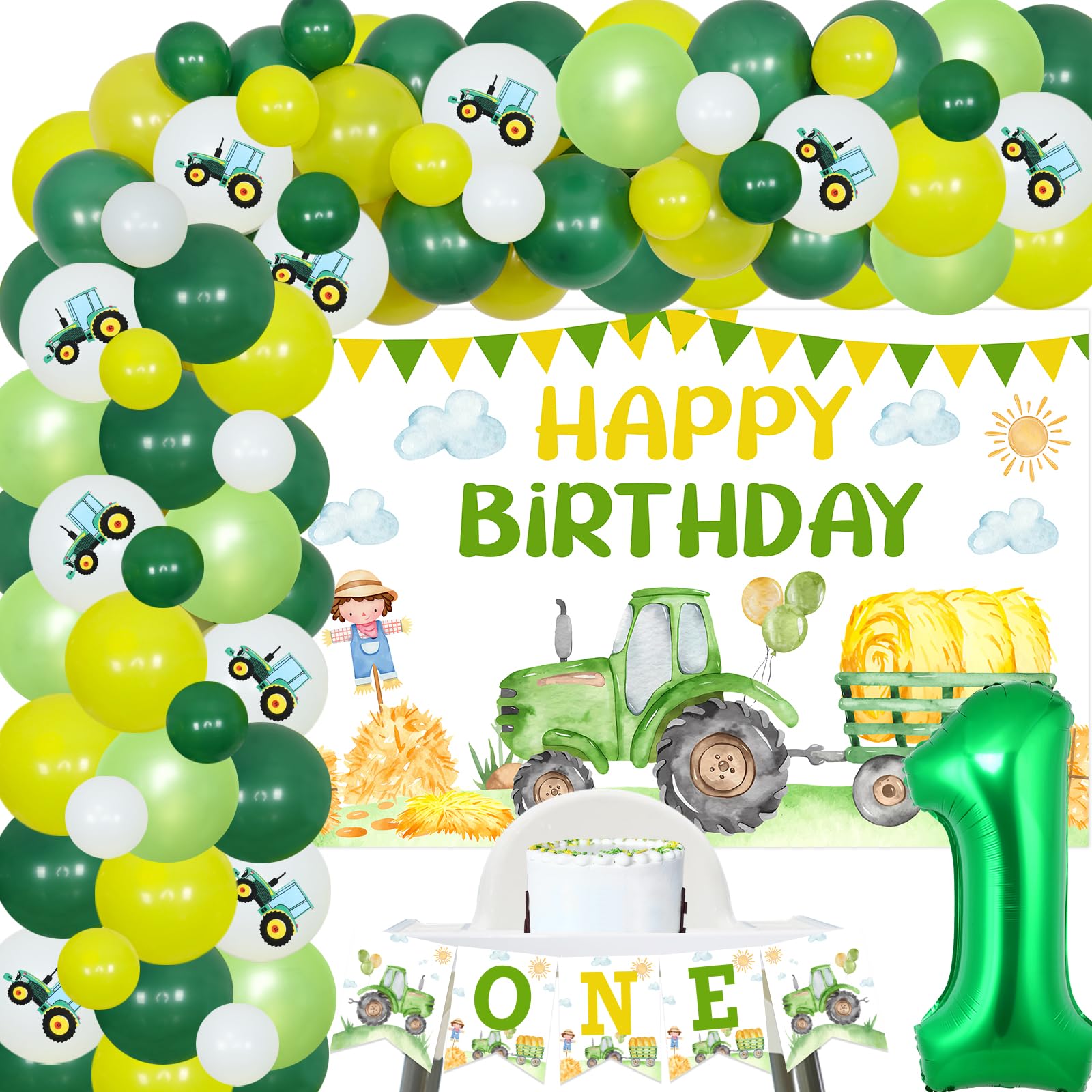 Sursurprise Tractor 1st Birthday Decorations Kit - Backdrop, Balloon Garland, High Chair Banner