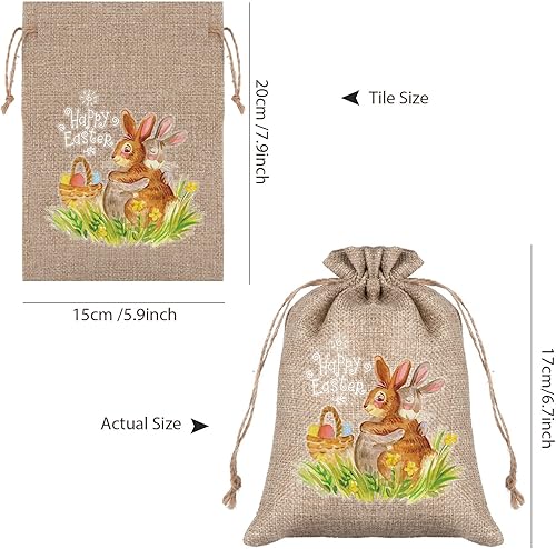 Miniatura 2 de Whaline Bolsa de regalo de arpillera de Pascua, bolsa de yute de lino con cordón de 5.9 x 7.9 pulgadas, bolsa de regalo de conejo de Pascua, bolsa