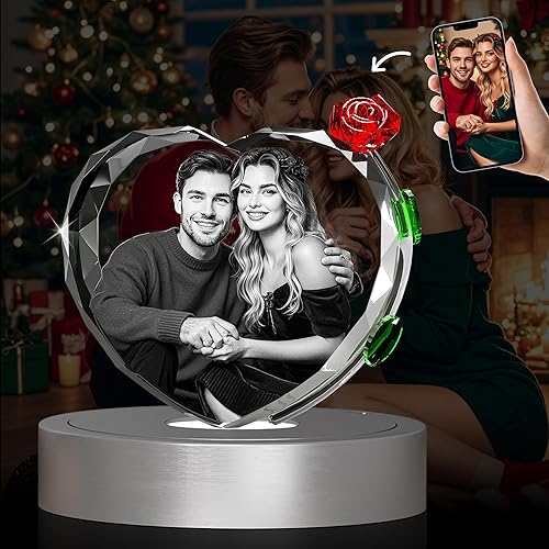 Miniatura 8 de Foto de cristal 3D con rosa de cristal rojo, regalos personalizados para el día de la madre para mamá, esposa, mujer, ella, novia, pareja, foto de