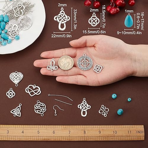 Miniatura 38 de SUNNYCLUE 1 caja de 8 pares de aretes de nudo celta de plata antigua, aretes colgantes de perlas, kit de inicio de fabricación de joyas