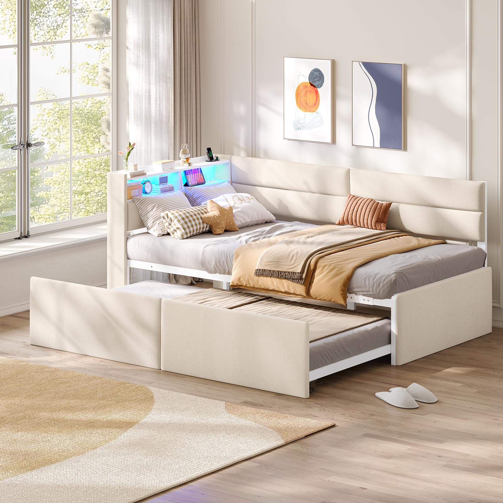 AOGLLATI Divano Letto 2 Posti 90/180x200 cm, Letto Estraibile con Illuminazione a LED Regolabile e Stazione di Ricarica, Divano Letto Matrimoniale con Tapizado Integral e Ripiani Aperti, Beige