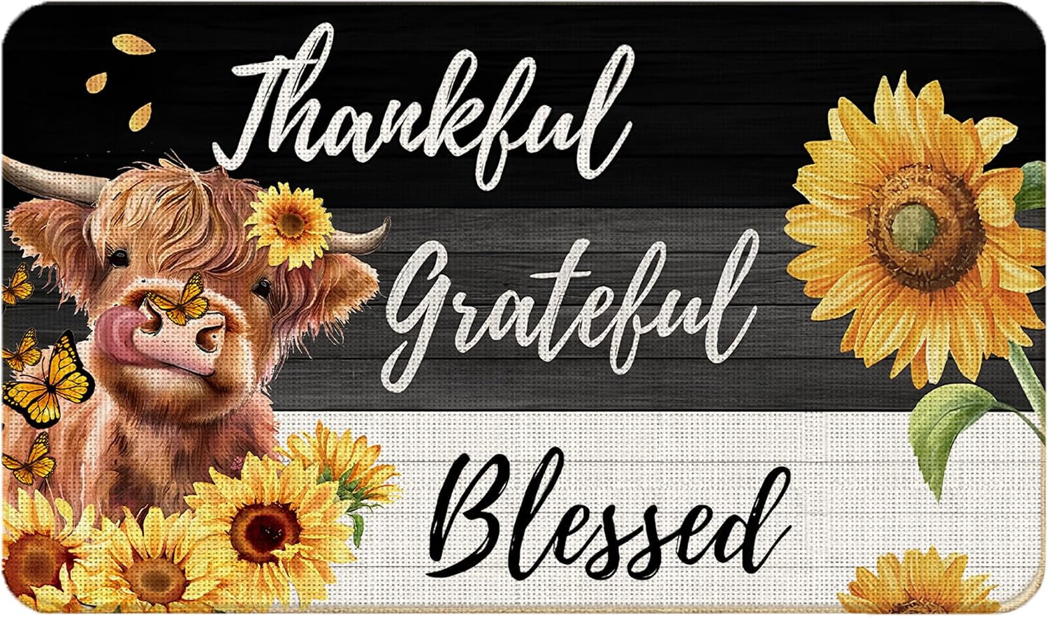 Rustic Highland Cow Sunflower Door Mat, Thankful Grateful Blessed Doormat Outdoor Indoor Entrance, Farmhouse Floral Cow Welcome Mats for Front Door, 17x30 Inch
