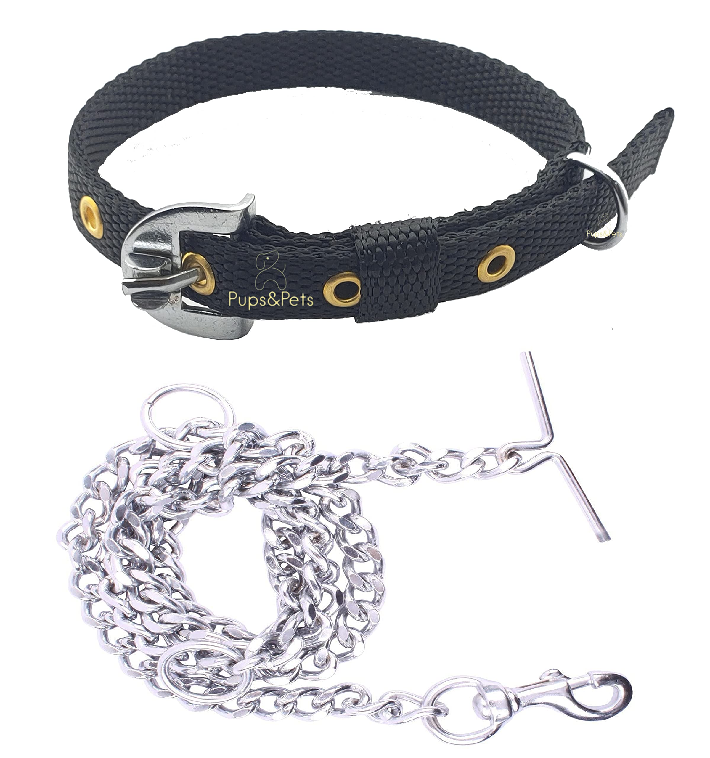 Pups&Pets Dog Belt Combo of 20 MM Nylon Collar and Heavy Dog Chain No-10 (Collar Adjustable Neck Size 12-16 Inch) Chain Length is 60 Inch - for Small and Medium Dogs (Black) (B09RX24FMM) Amazon Price History, Amazon Price Tracker