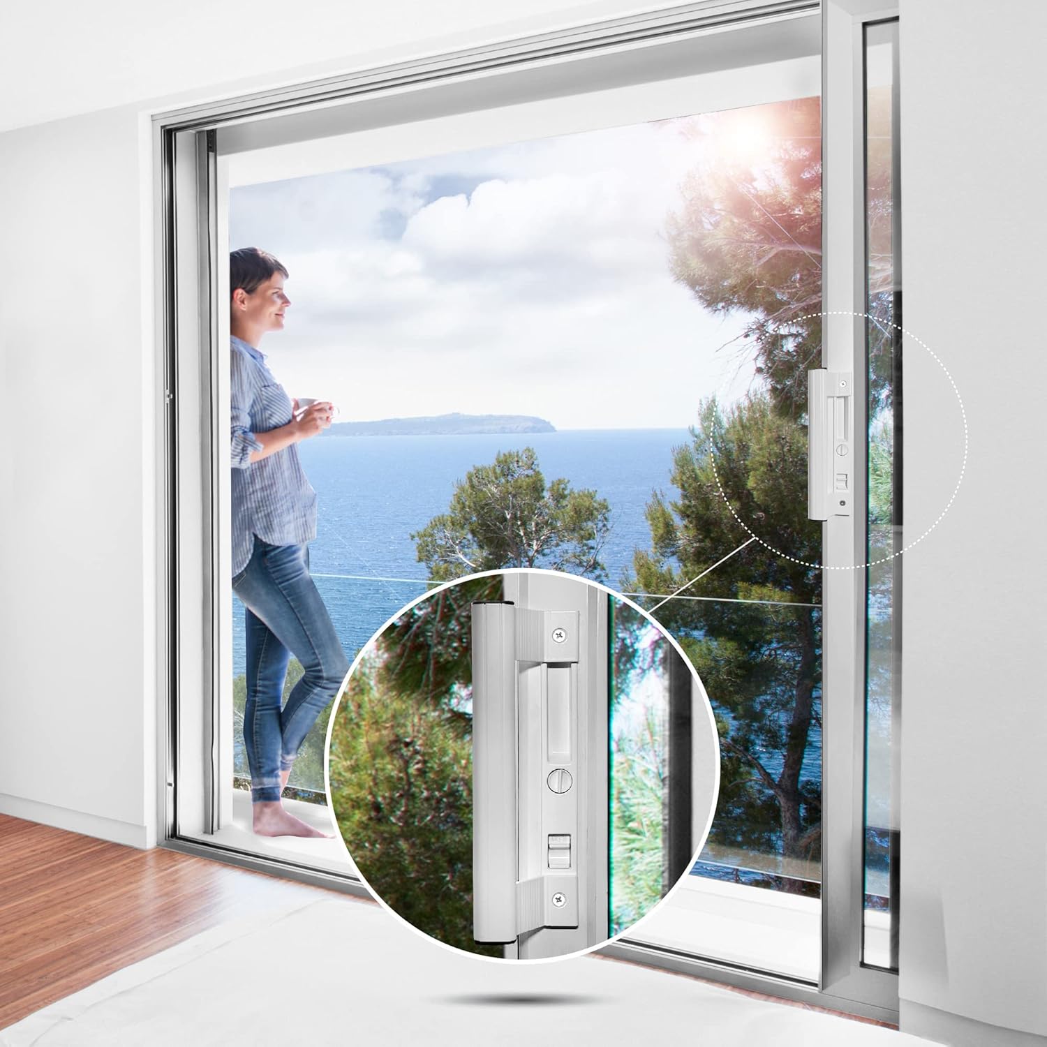 Sliding Glass Door Handle Set with Lock – Aluminum Handle, Fits 6-5/8 in. Hole Spacing (White)