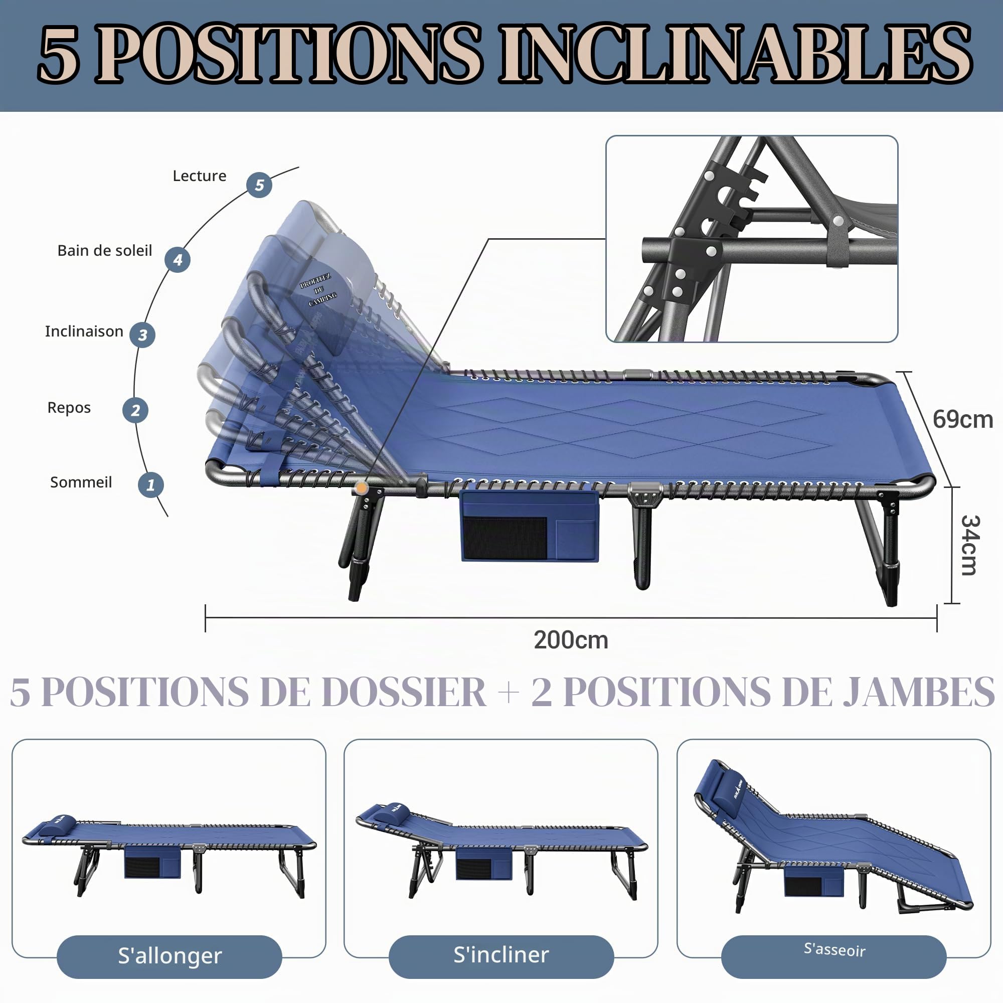 UDPATIO Transat Jardin Extérieur avec Coussin - Bain de Soleil avec Poches Latérales et Appui-tête Adjustable - Chaise Longue Réglable et Pliable (200x69x34 cm) - Bleu