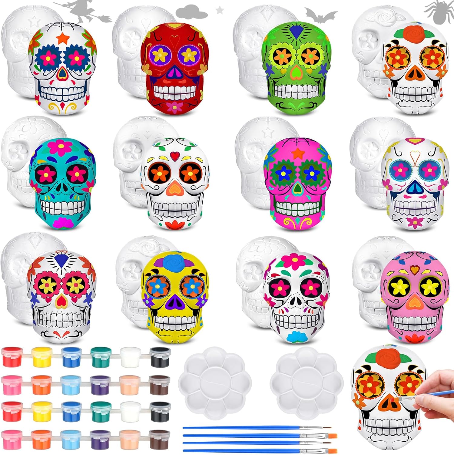 CroBlissful 12 Sets Halloween Skull Ceramic to Paint Ready to Paint Your Own Sugar Skull Figurines Unpainted Plaster Arts and Crafts with Brush Palette for Adults Halloween and Day of The Dead Decor